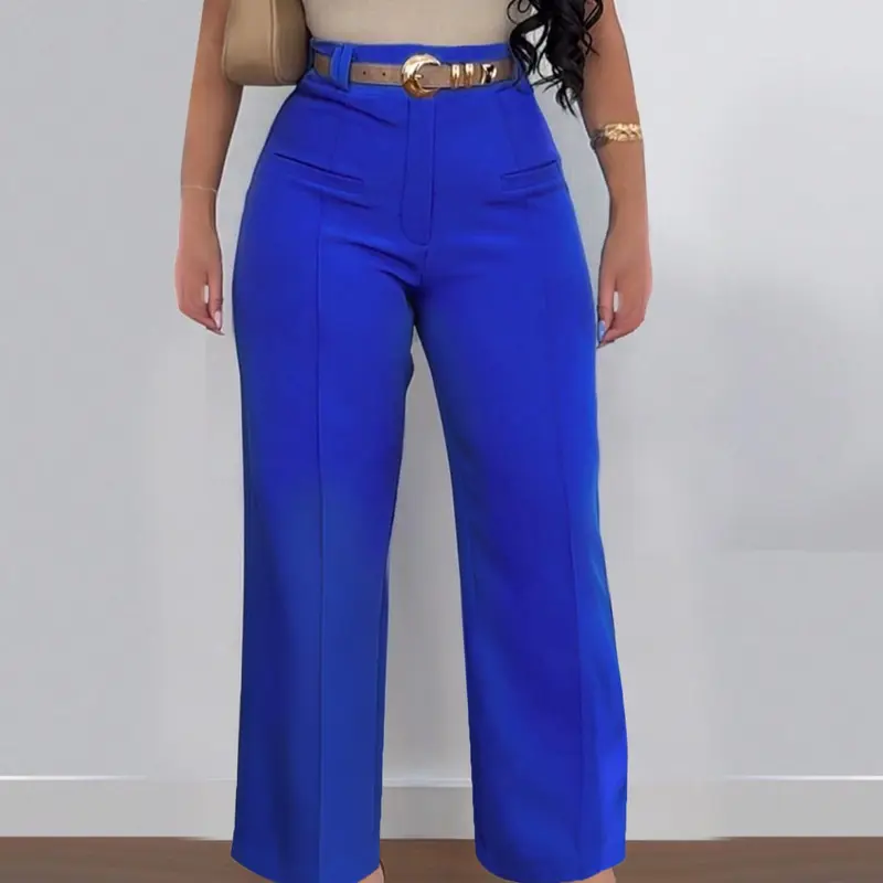 Women's Plain Pocket Wide Leg Stretchy Jersey Pants, Casual Minimalist Pants, Casual Comfy Trousers for Spring & Fall, Women's Bottoms for Daily Wear, Casual Fashion Pants, Blue, Casual Fitted Bottoms