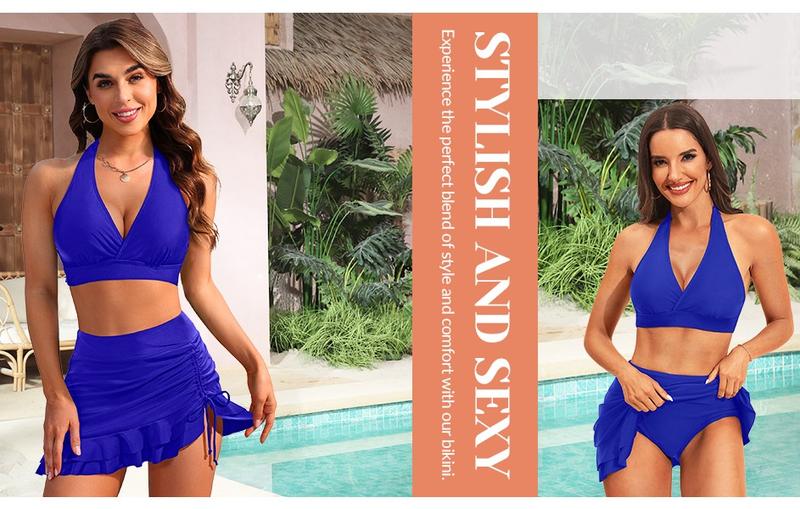 Yonique Womens High Waisted Bikini with Skirt Two Piece Swimsuit with Tummy Control Halter Bathing Suit V Neck Bikini Top with Built-in Bottom Bikini Skirt Full Coverage Bikini