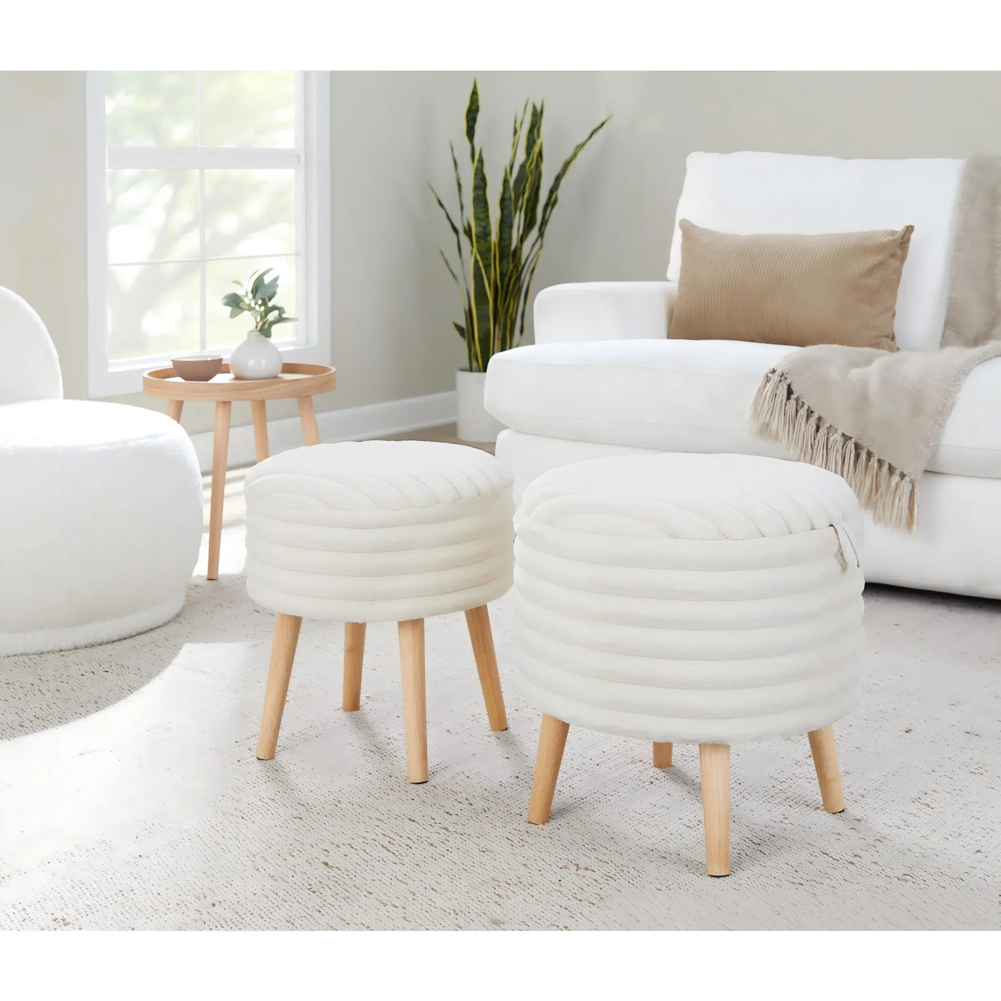 Nokaa Contemporary Storage Ottoman Set – Cream soft plush Upholstery, Natural Wood Legs, 2-Piece Footstool Bench with Hidden Storage, Plush Accent Seating for Living Room Bedroom Entryway, Home Furniture