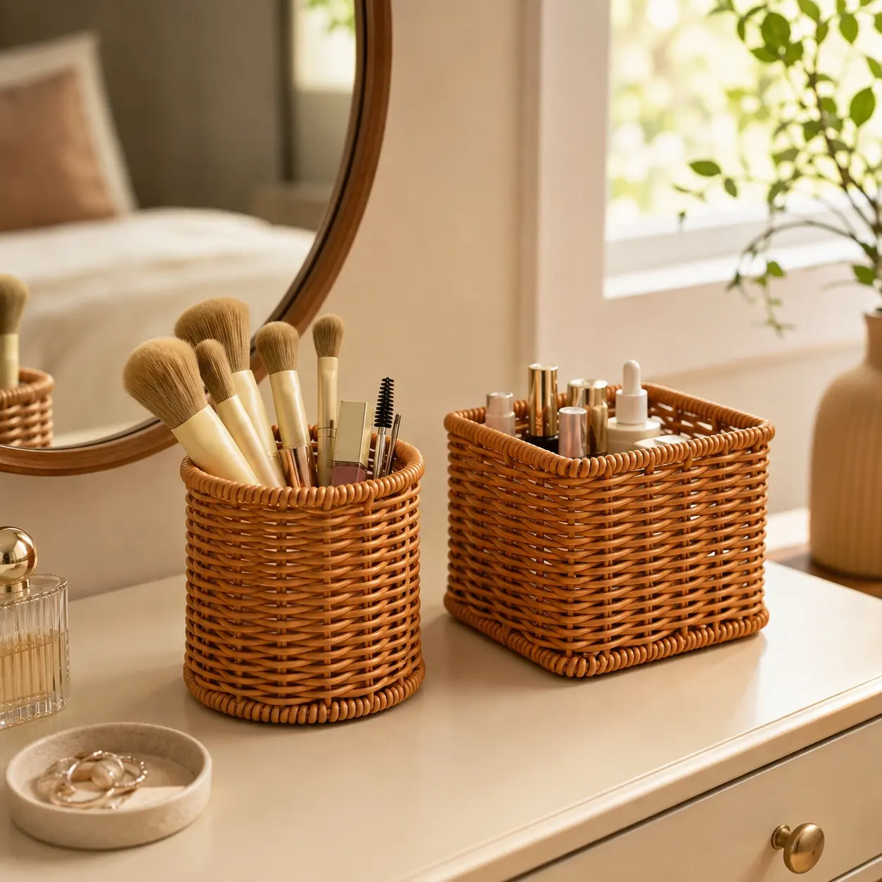 2-Piece Makeup Brush Storage Baskets, multi-purpose rattan organizer bins for sundries. Perfect for TV remote controls and office supplies. Stylish desktop storage boxes, ideal for living rooms, bedrooms and offices. Home Storage Supplies