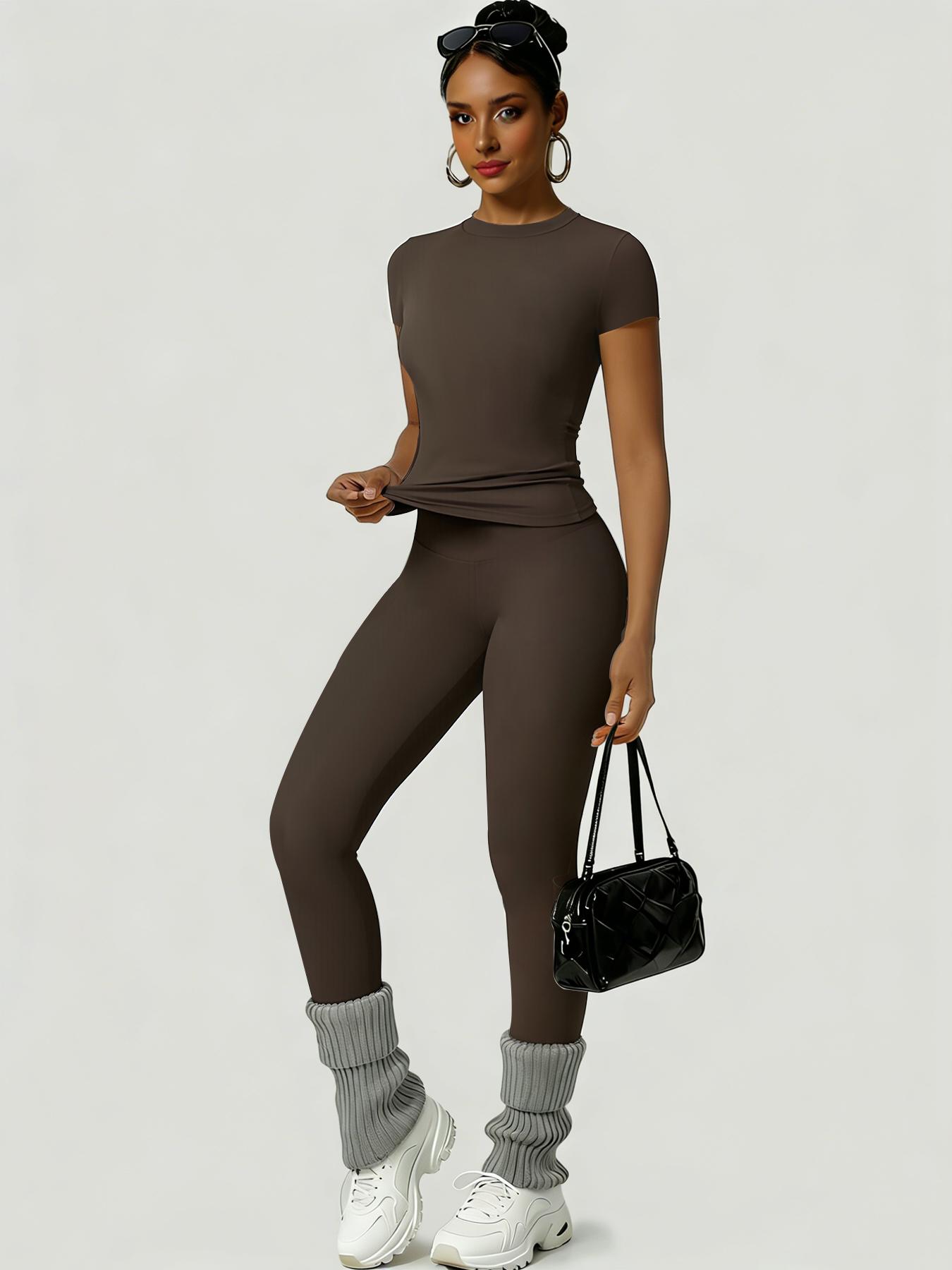 Women's Slim-Fit Round Neck Short Sleeves Top & High-Waisted Yoga Pants Sportswear Set, Ideal for Gym Running and Outdoor Activities