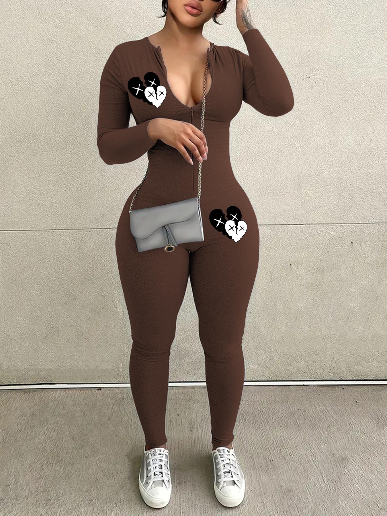 Women's Heart Print Zipper Jumpsuit, Casual Long Sleeve Round Neck Jumpsuit for Daily Wear, Ladies Clothes for All Seasons