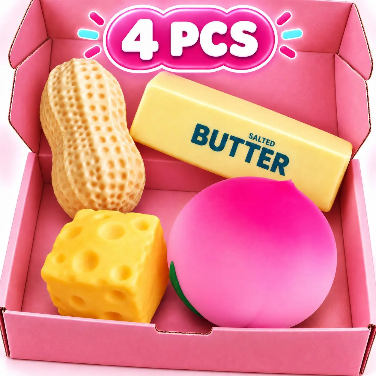 4 PCS Food Squishy Toy Set, Butter Bar, Peanut, Peach & Cheese Cube Squeeze Toys, Slow Rising and Fast Rebound Fidget Toys, Soft Sensory Desk Toys, Squishy Fidgets, Fun Novelty Gifts for Teens and Adults, Party Favors, Stocking Stuffers