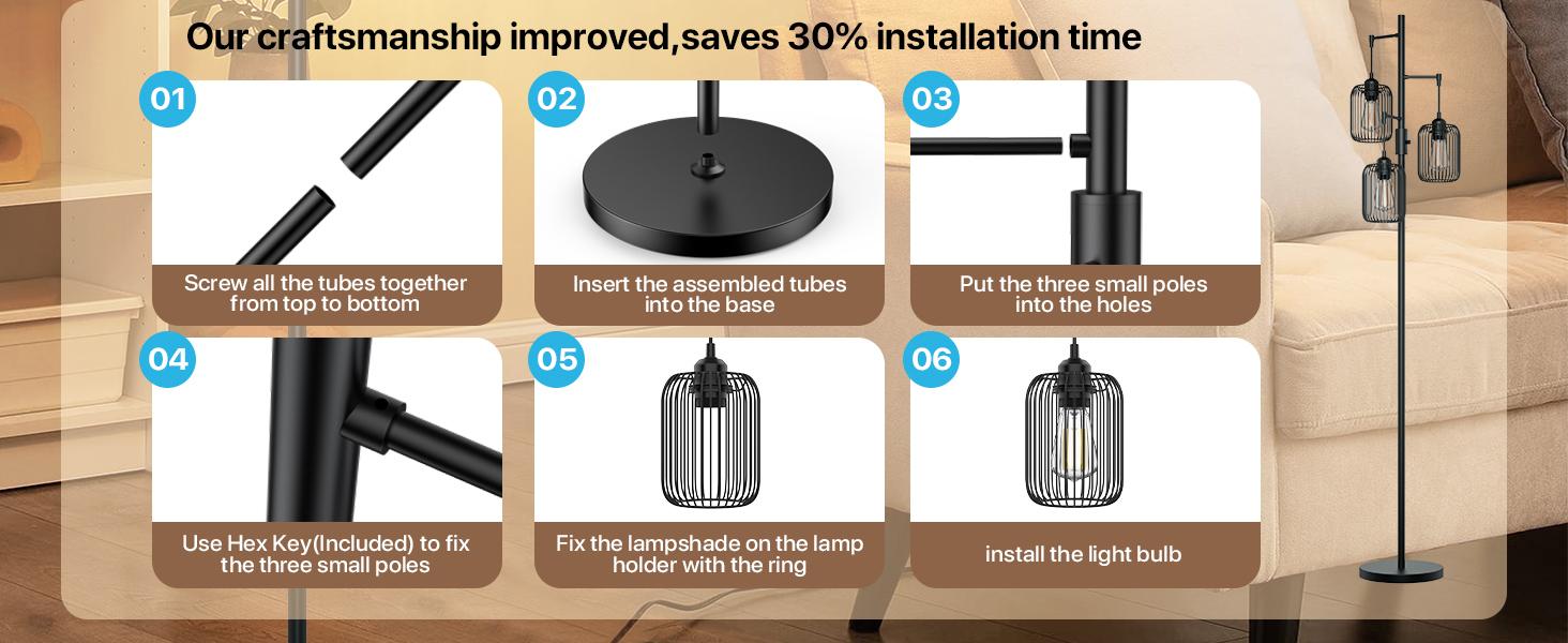 GLITGATE Black Floor Lamp, Dimmable Industrial Gold Floor Lamp Farmhouse Floor Lamps for Living Room with Cages 70'' Tall Lamp Modern Floor Lamp Standing Lamp for Bedroom Office Living Room 3 LED Bulbs Included