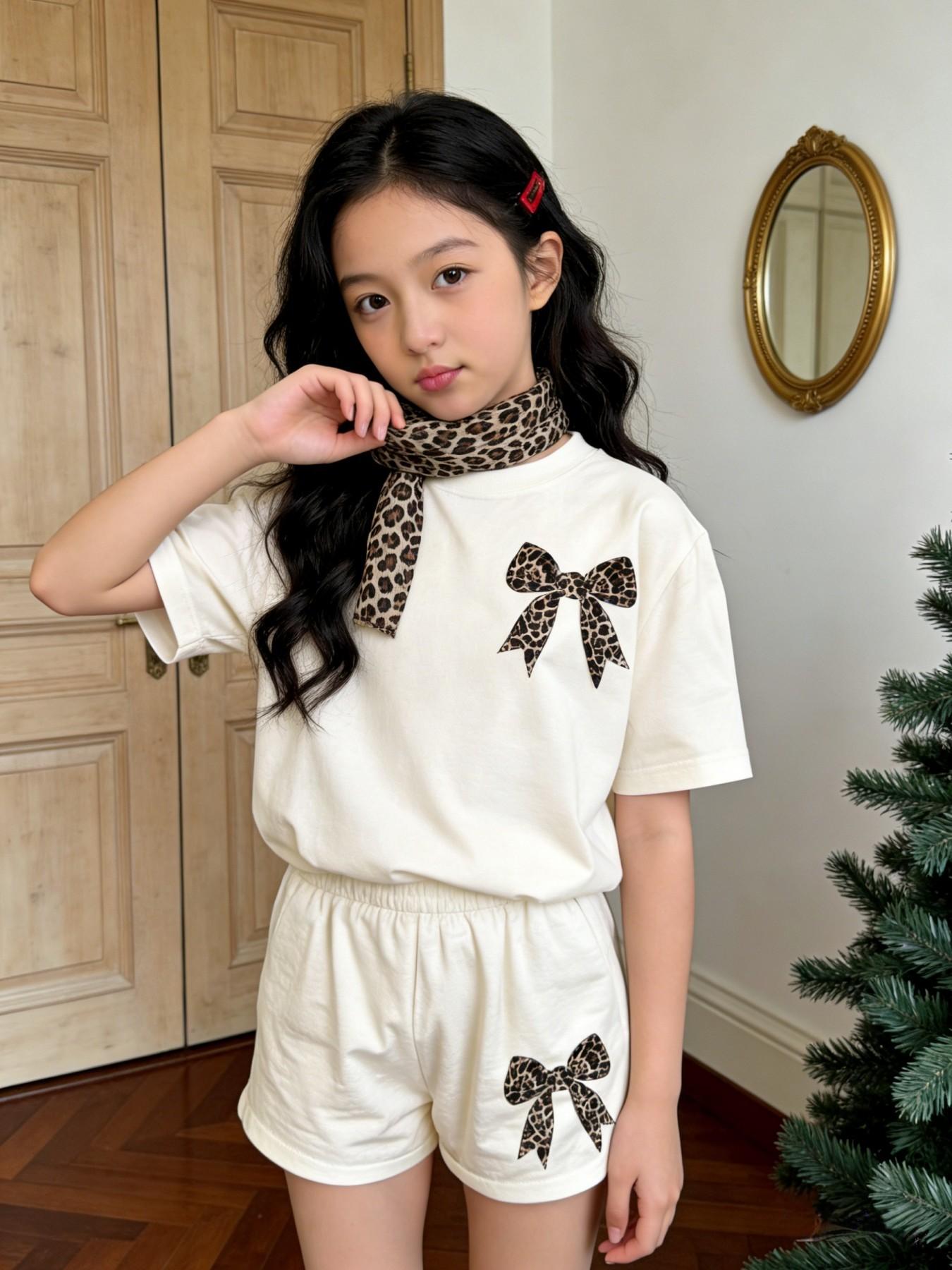 Girls' Summer School-Style Set: Comfortable Short-Sleeve T-Shirt and Shorts Two-Piece Set for School; Girls' Activewear with Printed Design; Girls' Round-Neck Short-Sleeve T-Shirt—Casual and Fashionable Summer Clothing for Kids