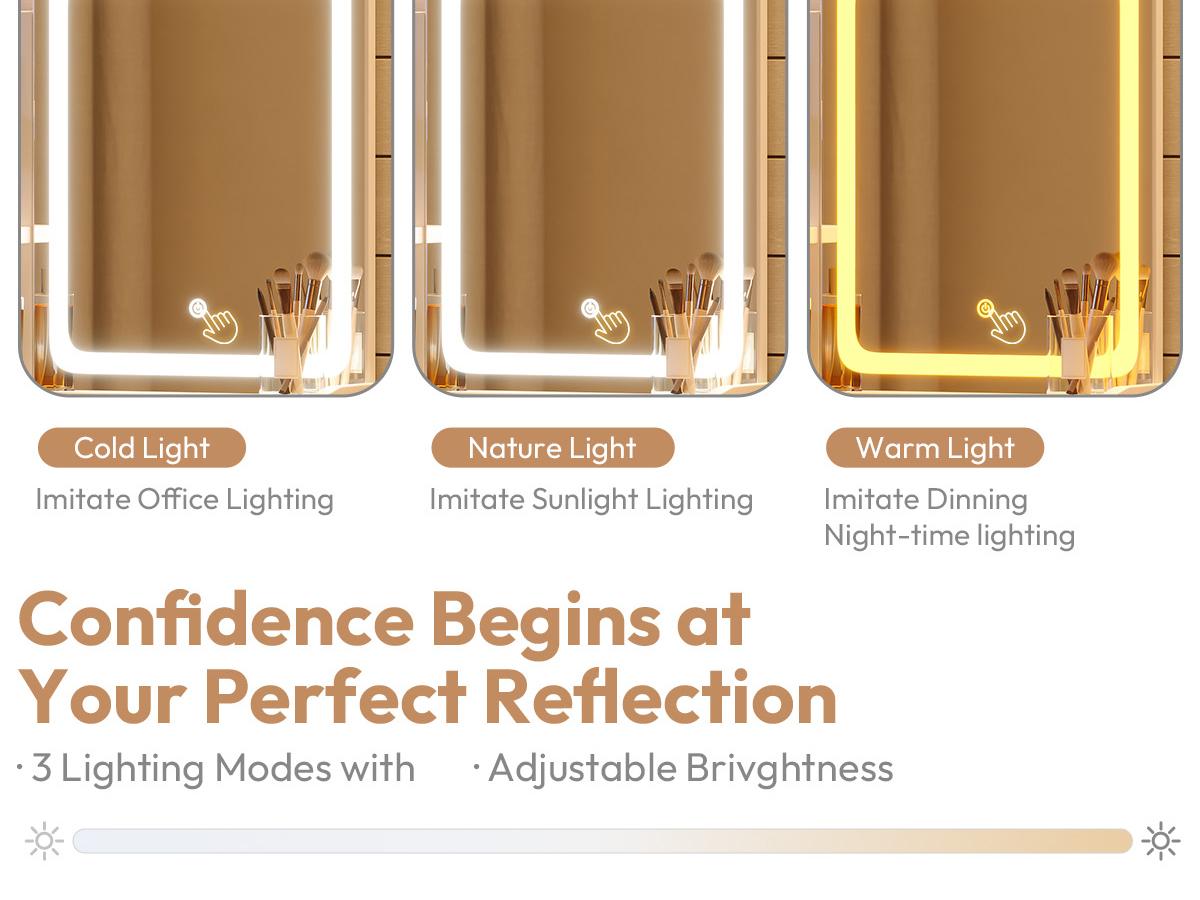 Dowinx Small Vanity Desk with Mirror and Lights, Makeup Vanity with Drawer & Storage Shelves, Makeup Desk with 3 Lighting Modes & Adjustable Brightness, Dressing Table for Women Girls Bedroom