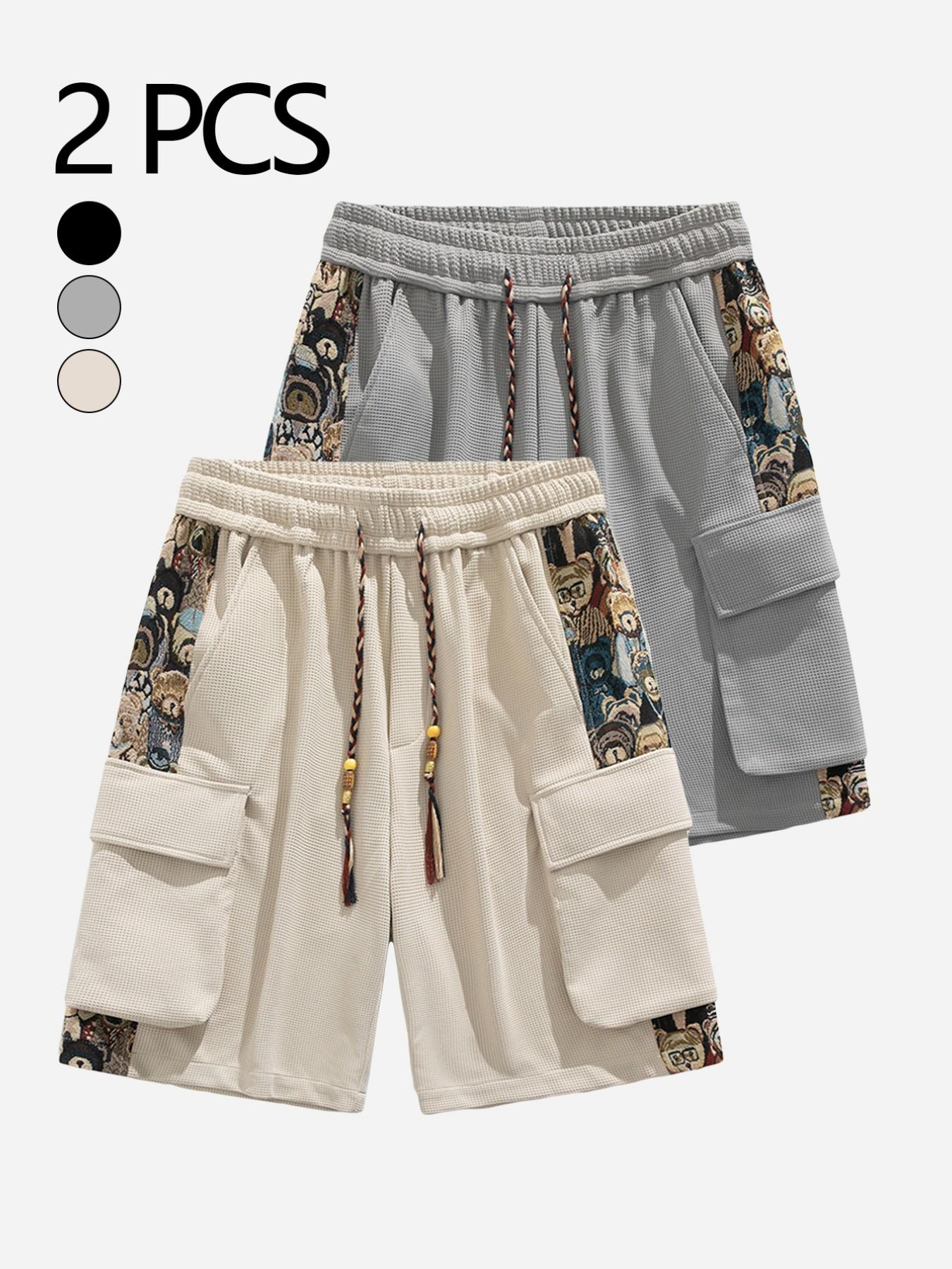 Men's Summer Cartoon Bear Embroidered cargo shorts, Loose-Fitting Breathable Waffle Vintage Style, Two-Piece Set, Fashionable and Comfortable