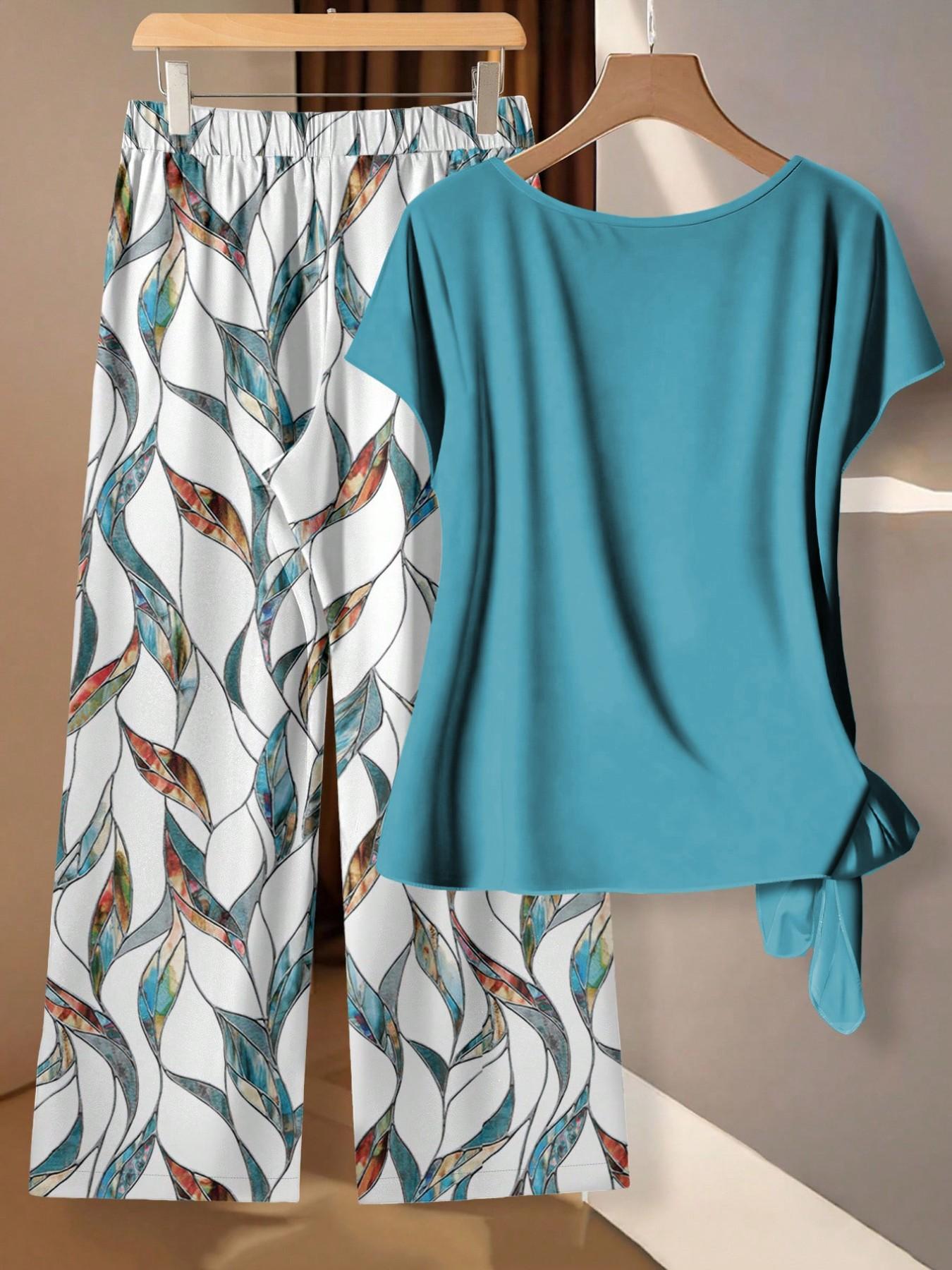 Women's Casual Printed Necktie Shirt and Loose Straight Pants Set, Womenswear, Perfect for Spring and Summer, Comfortable Two-Piece