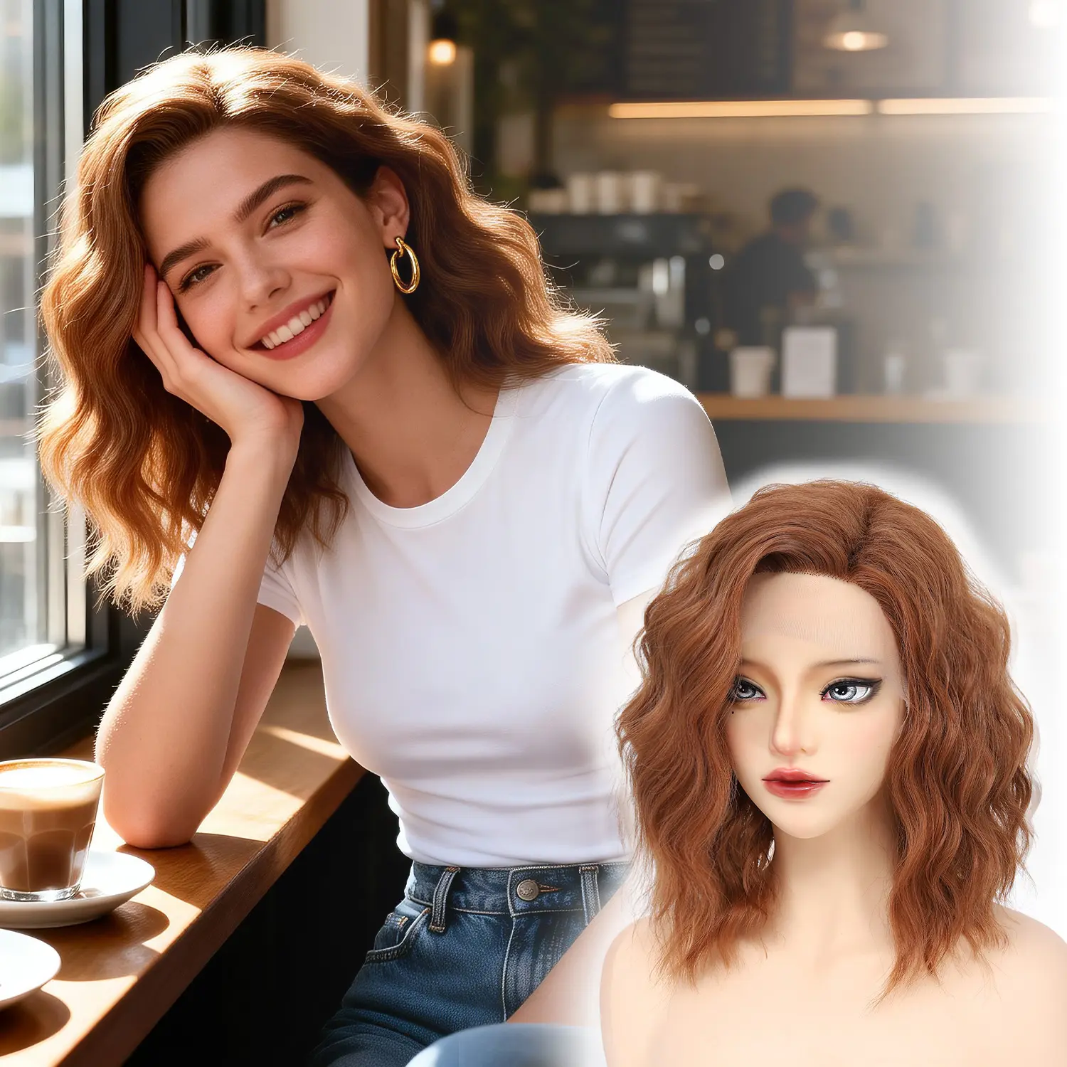Short Copper Wavy Bob Wig for Women 14 Inch 9x1 Lace Front Shoulder Length Curly Auburn Copper Free Part Synthetic Wig Natural Hairline Pre Plucked Glueless Realistic Scalp Heat Resistant for Daily Wear Party Cosplay Use