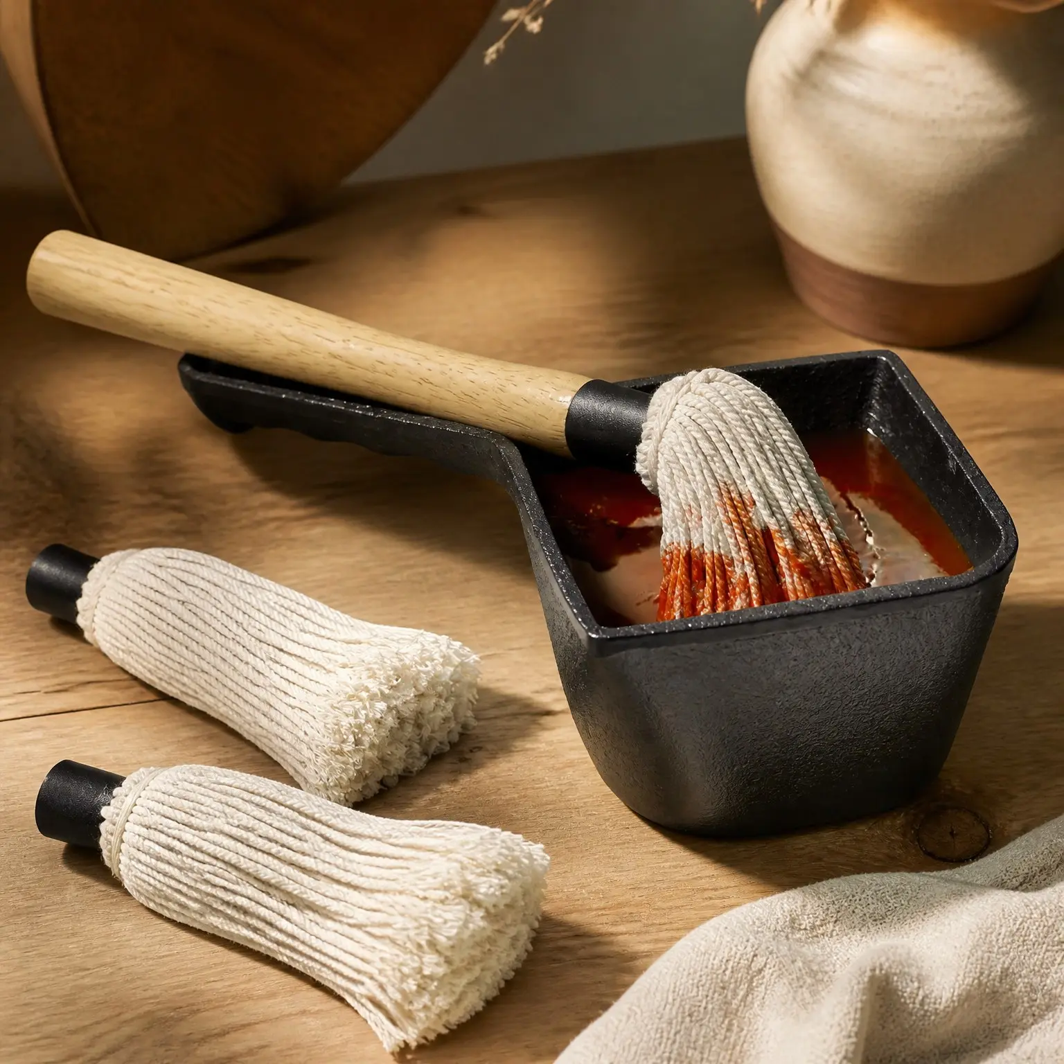 Cast Iron Sauce Pot with BBQ Mop Brush – Small Cast Iron Basting Pot & Mop Brush for Grilling, Smoking, and Saucing – BBQ Mop Brushes for Sauce, 24 OzGift