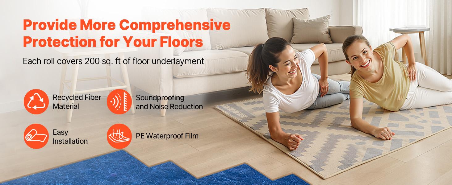 VEVOR Floor Underlayment 200 sq. ft/Roll, 3 mm Thick Laminate Flooring Padding with Attached Vapor Barrier, Heavy Duty Fiber+ PE Film, Soundproofing Noise Reduction, Ideal for Laminate Wood Floors