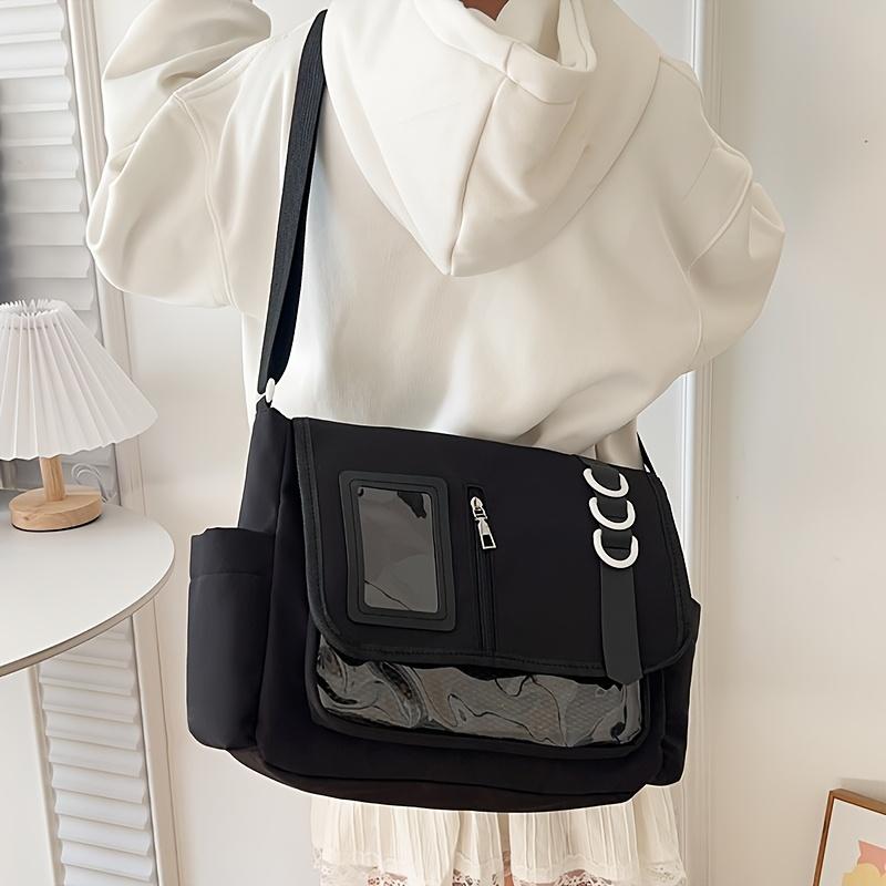 Fashion Casual Ita Crossbody Bag for Students, Lace-Up Slouch Shoulder Bag with Mesh Pocket & Clear Card Slot, Versatile Daily Commute & School Tutoring Bag