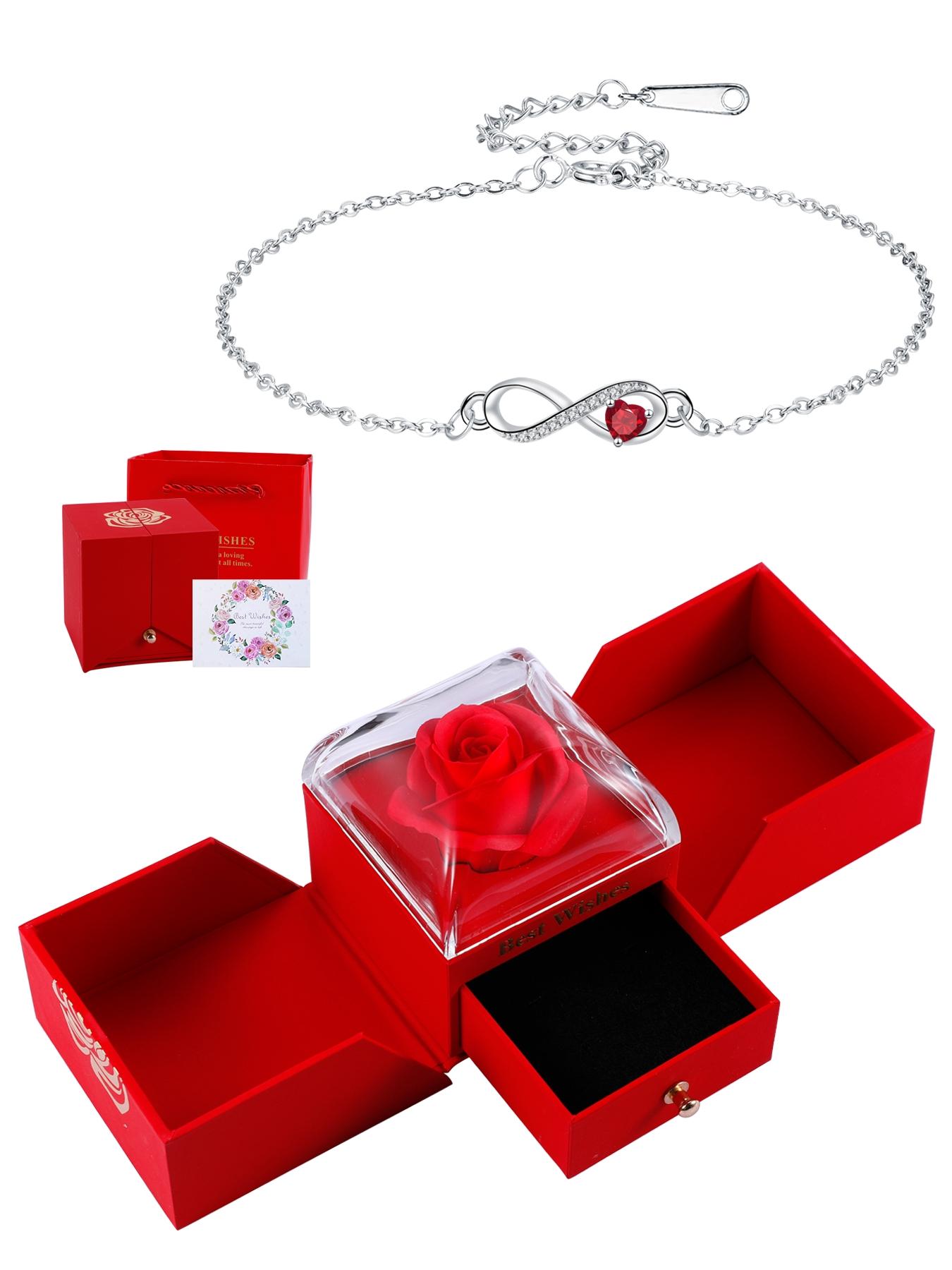 Love Heart CZ Birthstone Infinity Bracelets With Rose Jewelry Gift Box, Endless Love Symbol Bracelets for Women, Anniversary Birthday Christmas Jewelry Gift for Wife Mom Daughter, Heart Shaped Bracelet