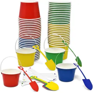 60 Pcs Mini Beach Pail Bucket Treat Cups 10oz with Handle and Shovel Disposable Paper Cup Ice Cream Snack Bowl Colorful Summer Pool Sand Pails Buckets