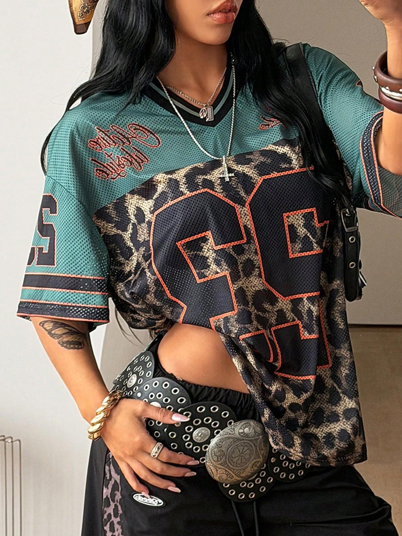 Y2K Retro Style Peregrinate 23 Leopard Print Jersey Top, Loose Fitted V-Neck Sport Tee, Hip-Hop Athletic Fashion Streetwear for All Seasons