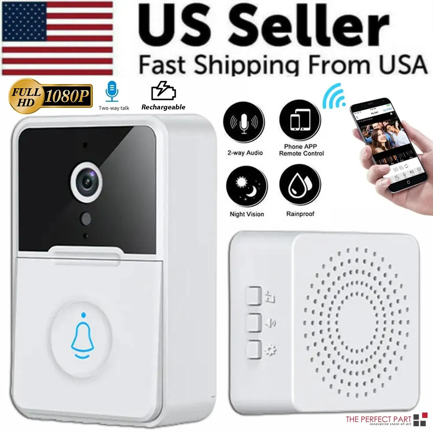 Wireless Smart WiFi Doorbell Camera with Intercom, Video Monitoring, Night Vision, and Chime (Security Camera System for Home)