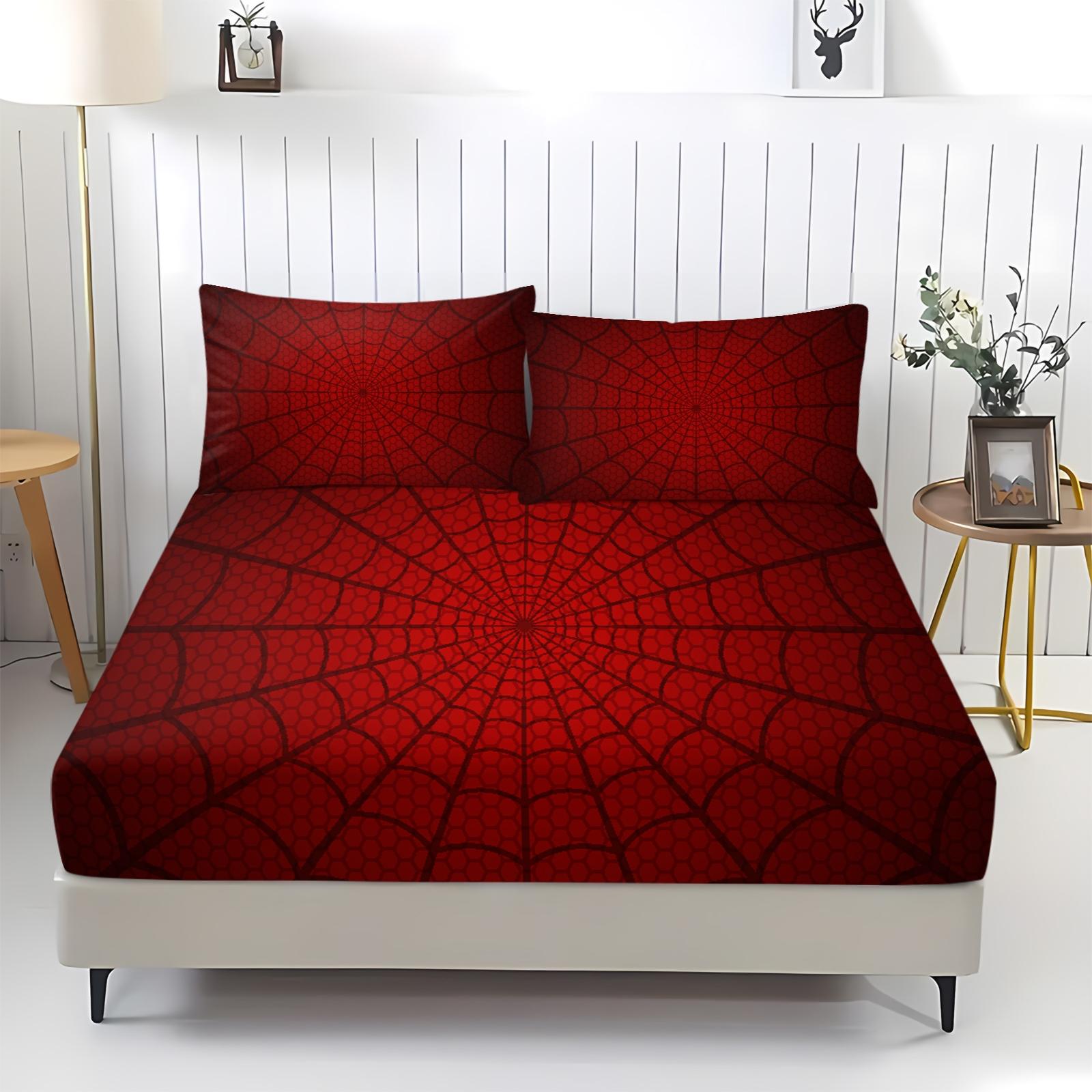 Creative Spider-Man Web Pattern Bed Sheet Set, Unique Printed Bedding, Anti-Slip Dustproof Cover, Dust Prevention, Includes 1 Fitted Sheet & 2 Pillowcases