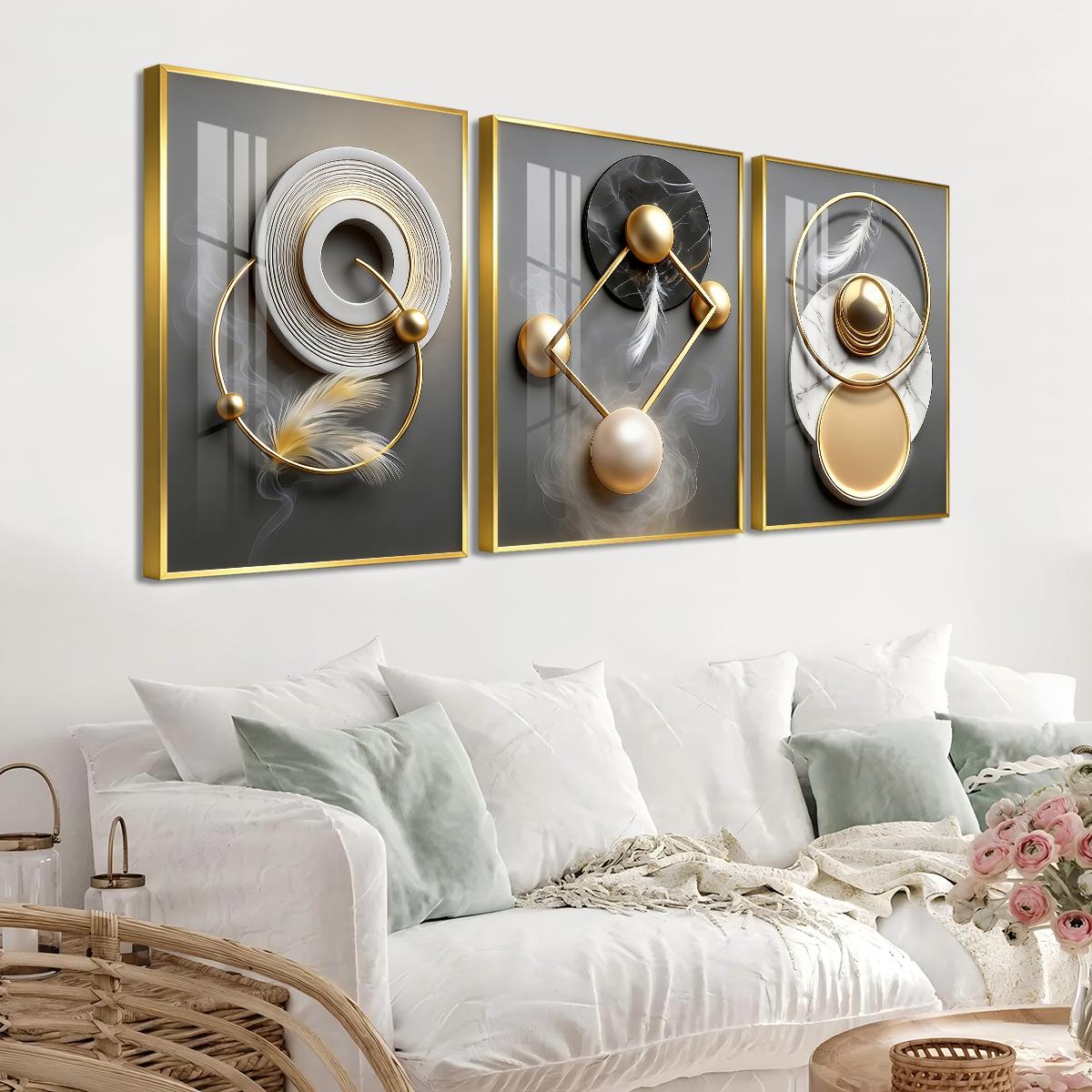 3 Counts Aluminum Alloy Framed Painting, Modern Abstract Geometric Gold And Feather Art Pictures, Home Decoration For Living Room, Bedroom, Office, Restaurant, Hallway Wall Decor, Odorless Print Artwork, Luxury Perfect Gift For Friends And Family