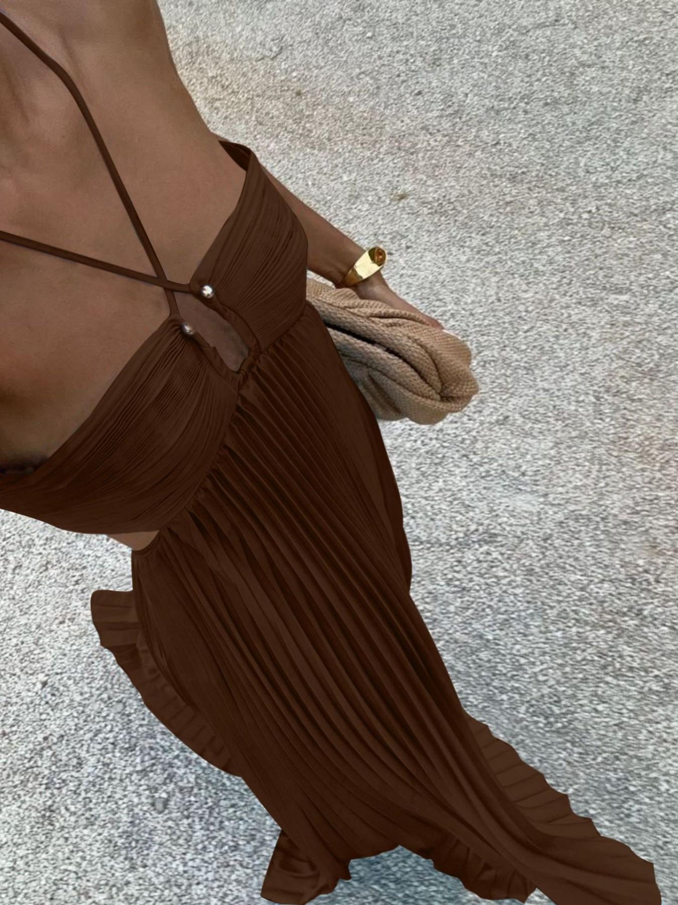 Women's Pleated Halter Neck Sleeveless Maxi Dress with Adjustable Strap, High-Waist Backless A-Line Dress with Back Tie, Elegant Aesthetic Solid Summer Dress