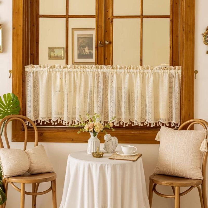 1pc Cotton Linen Curtain Half Light Blocking Vertical Striped Lace Fringe Rod Pocket, New Living Room Bedroom Cream French Vintage Style