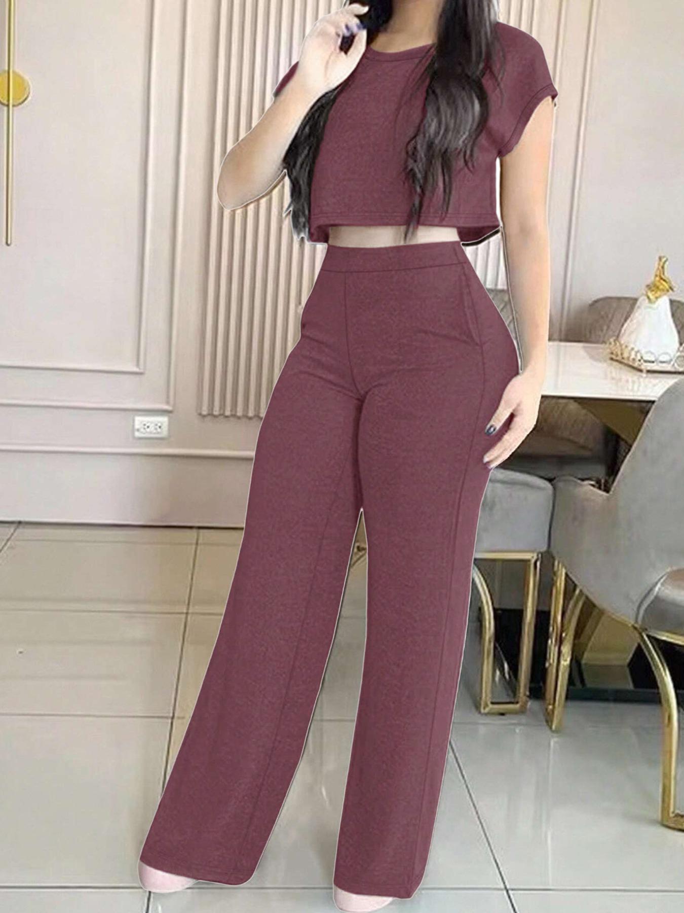 Women's Casual Elegant Solid Color Set, 2-Piece Daily Wear Clothes with Pockets, Comfortable & Stylish Design