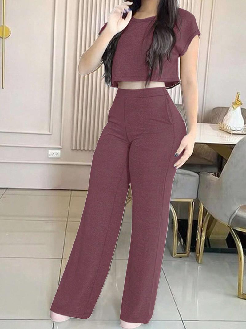 Women's Casual Elegant Solid Color Set, 2-Piece Daily Wear Clothes with Pockets, Comfortable & Stylish Design