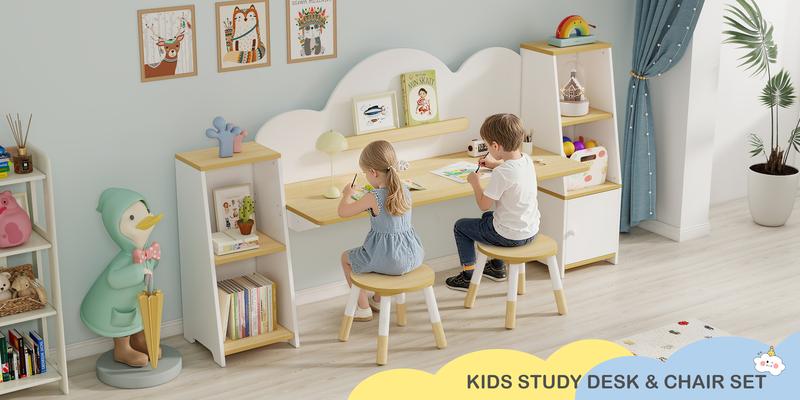 Modern Kids Desk & Stool Set in White and Natural Wood for Study and Play