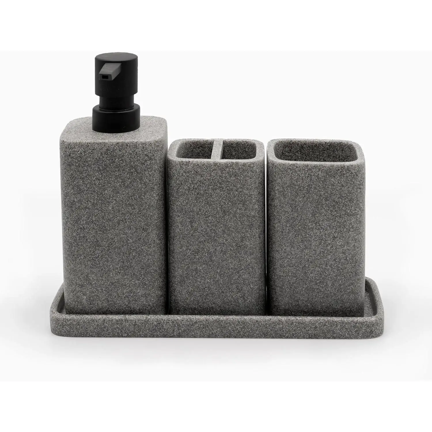 4-Piece Bathroom Accessory Set for Vanity Countertop with Soap Pump, Tumbler, Toothbrush Holder, and Tray (Grey)