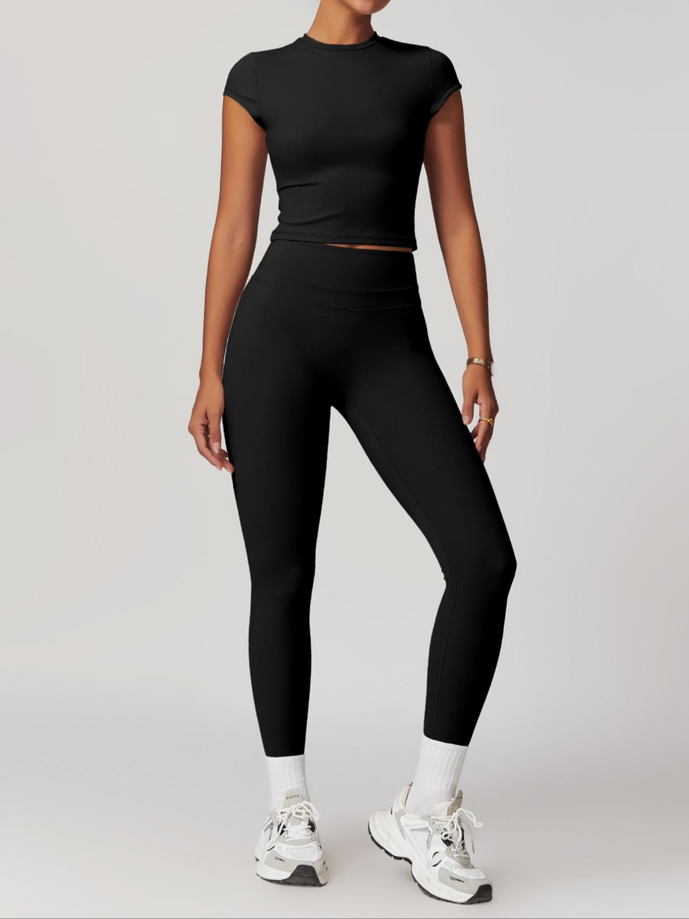 Women's Sportswear Two-Piece Set, Autumn Outdoor Fitness Running Top & High-Waisted Pants, Solid Color Short Sleeve Yoga, Yoga Tracksuit Set