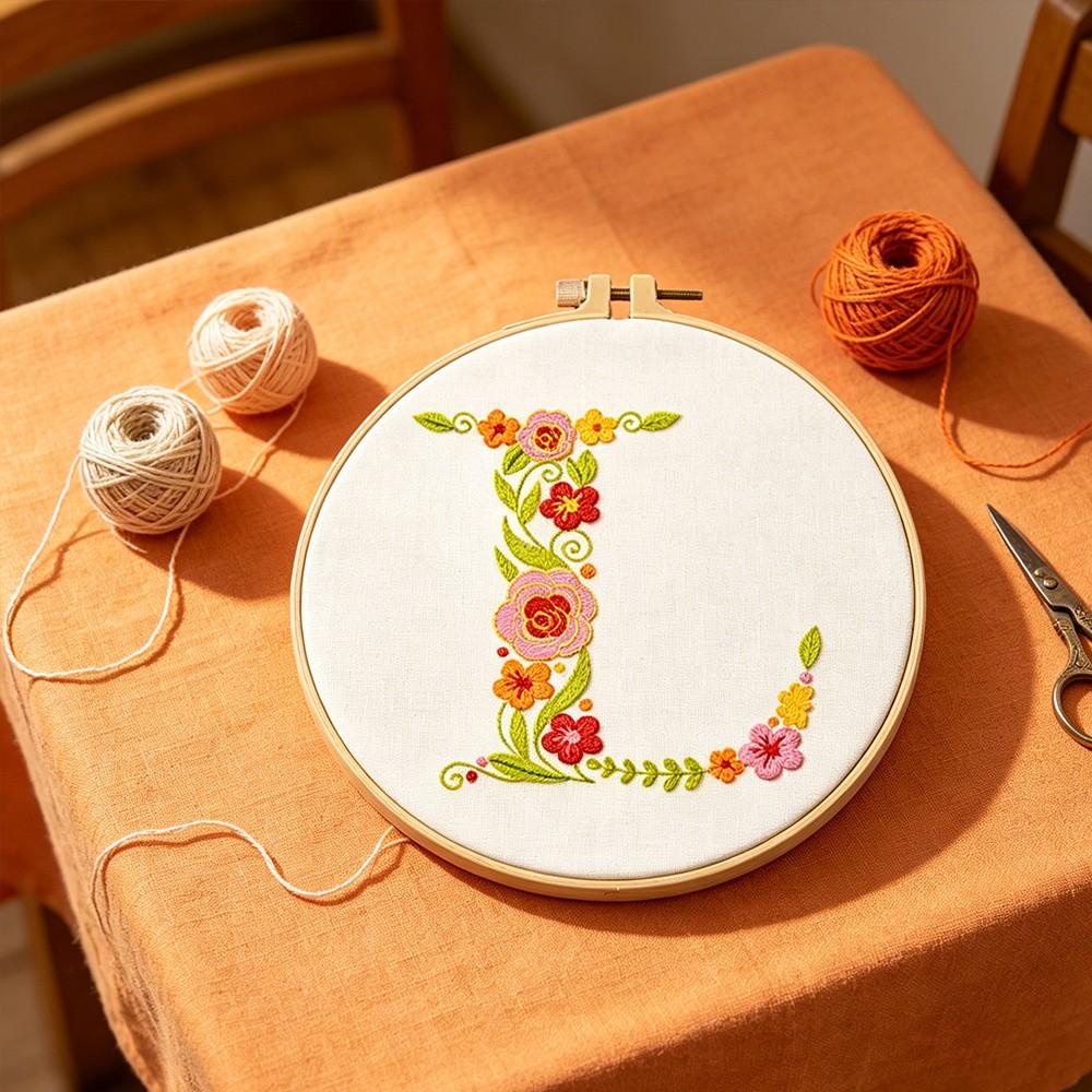 Creative Floral Letter Embroidery Kit, Beginner-Friendly Sewing Art Set, Includes Embroidery Cloth, Threads, Tools(random color), Instructions, Unique Home Decor, Gift, Souvenir