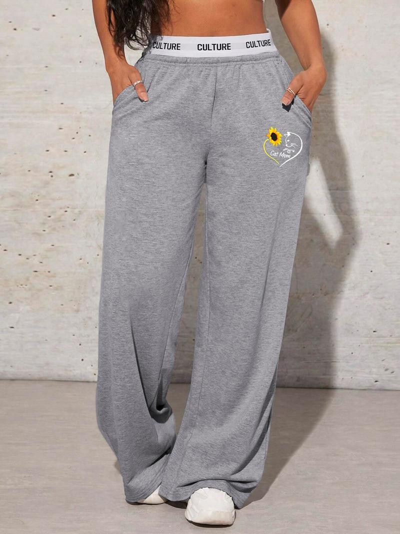 Women's Floral & Letter Print Pocket Sweatpants, Casual Jogger Pants for Daily Wear, Ladies Bottoms for All Seasons