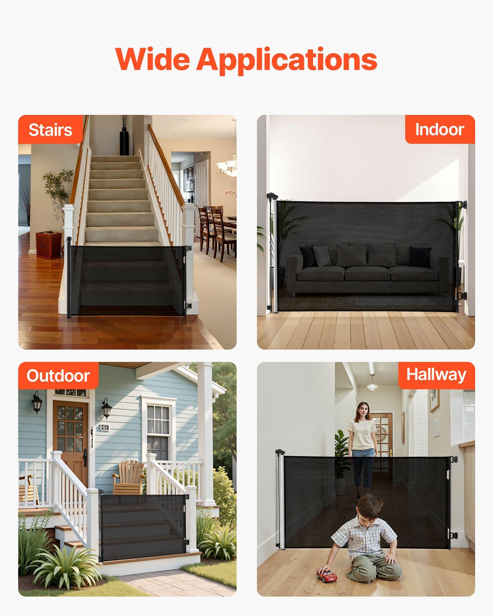 VEVOR Mesh Fabric Retractable Baby Gate - 57 in Wide Extendable, 38.5 in Tall, Security Lock, Easy-to-Use Walk-Through, Tripping-Free, for Stairs, Hallways, Black Indoor/Outdoor Pet Gate