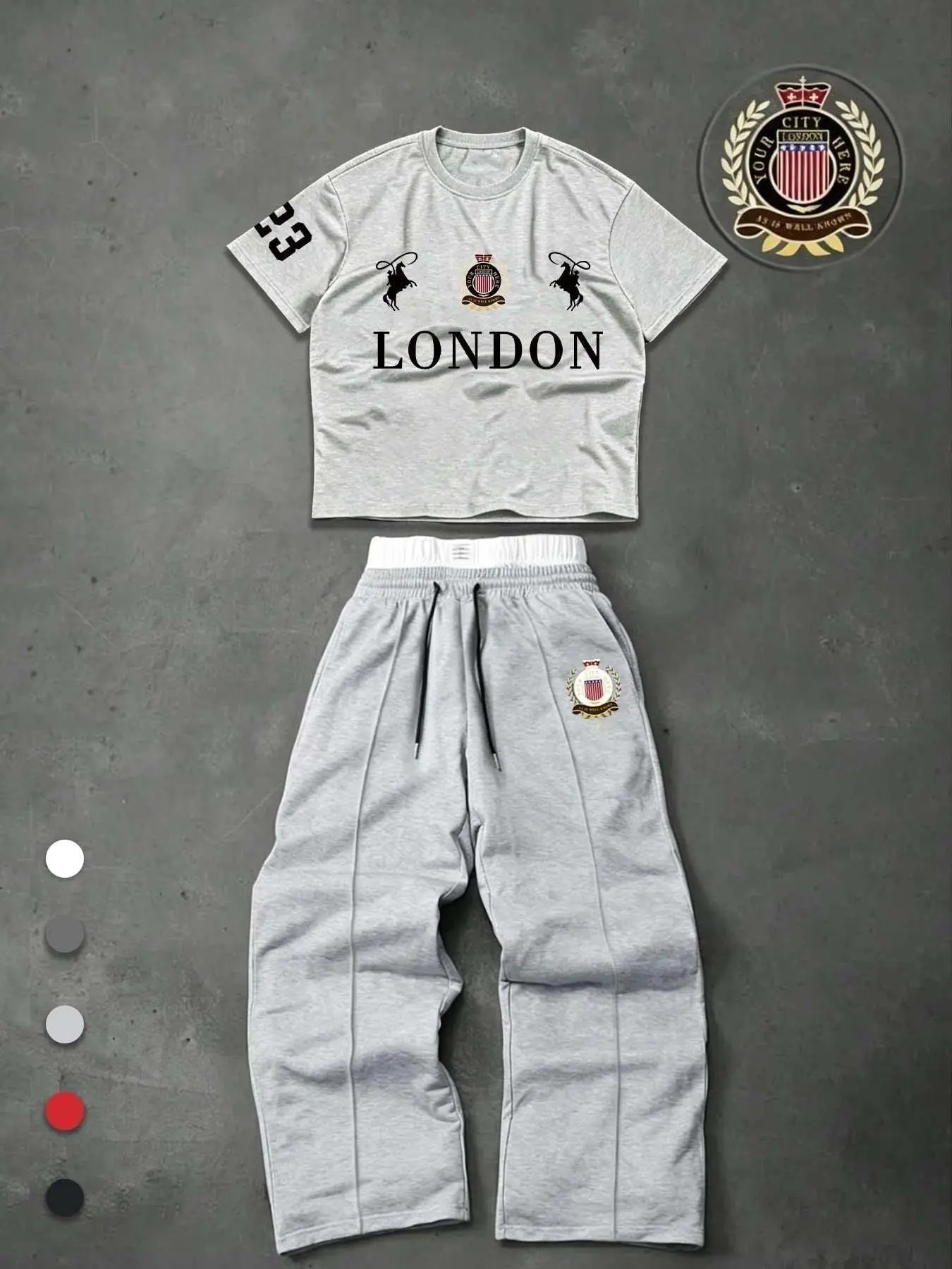 American College Style Suit, Vintage British Look, Classic, Aesthetic, Badge Print, Short Tee + Wide Leg Pants, Versatile Fashion, Perfect for Students and Workers