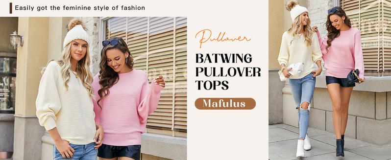 Saodimallsu Womens Oversized Crewneck Sweater Batwing Puff Long Sleeve Cable Slouchy Pullover Jumper Tops Fit Elegant Casual Elastic