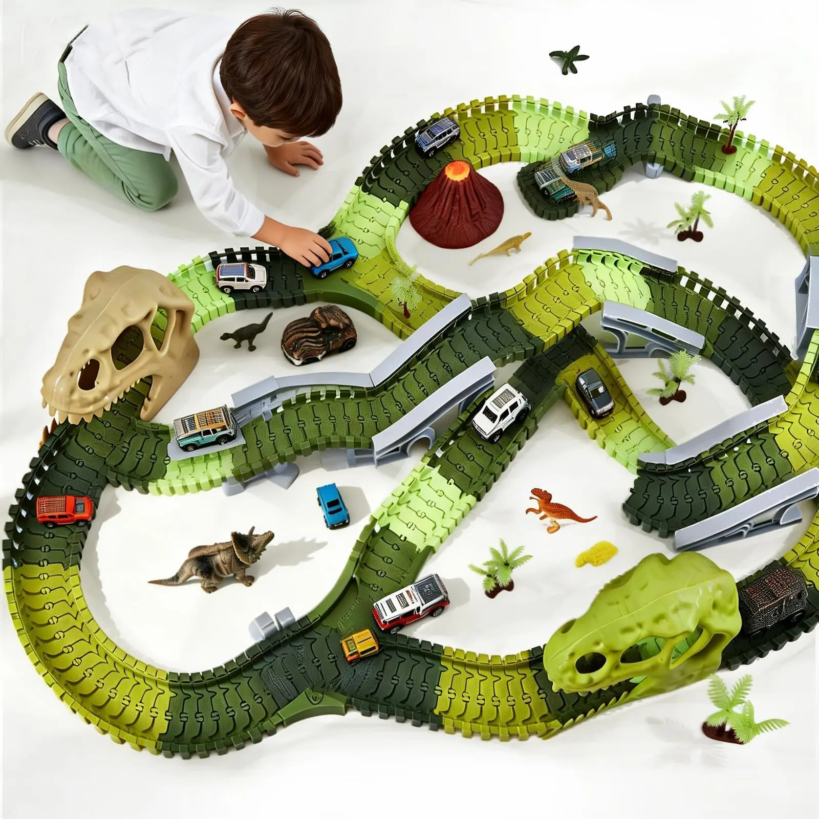 Dinosaur Race Track Toys for Kids,Dino Race Track Playset with Cars & Figures,Create a Dinosaur World Adventure Slide Park,Best Birthday Gift for Boys & Girls Ages 3–8