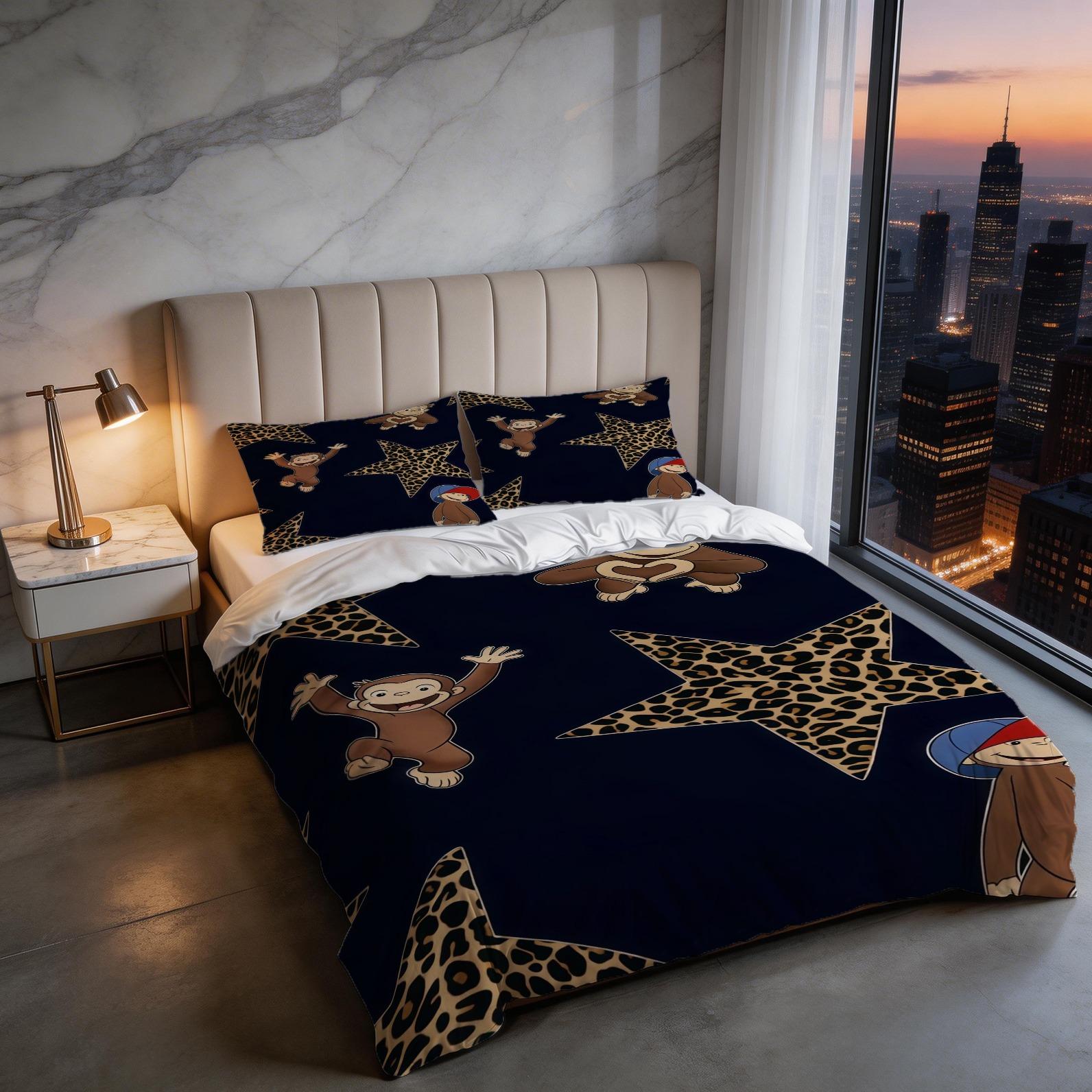 2/3 Piece Curious George Duvet Cover Set, 1 Duvet Cover + 1/2 Pillowcases NO FILLING INCLUDED, Cute Cartoon Monkey Leopard Star Bedding, Kids Bedroom Decor for Boys Girls Teens, Ideal Gift for Curious George Fans