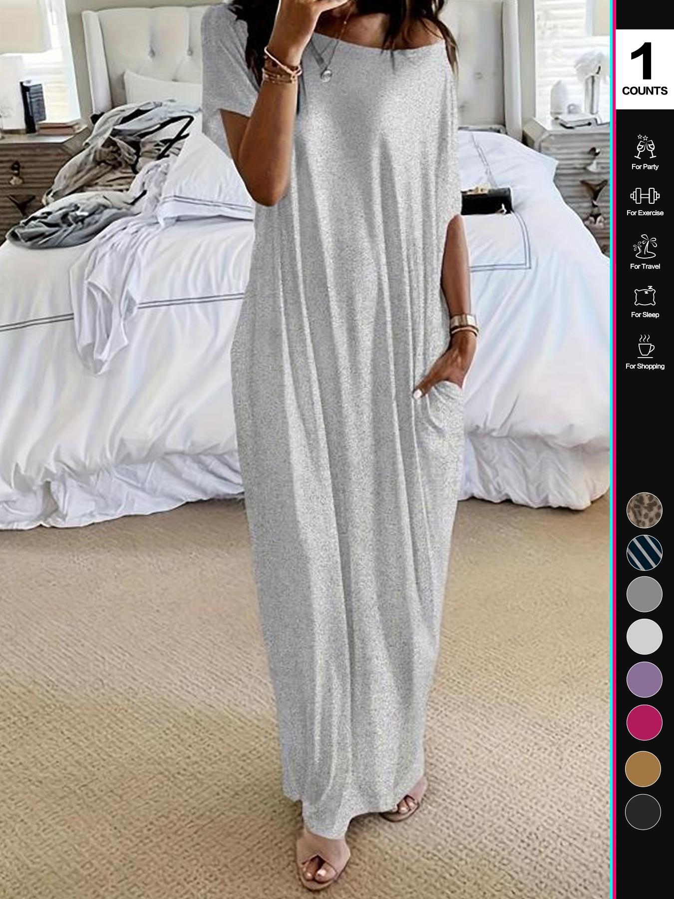 2026 Women's Solid Color Casual Loose Batwing Sleeve Loungewear Homewear Dress, Comfortable Daily Wearing Nightdress, Versatile Ladies' Sleepwear for All Seasons