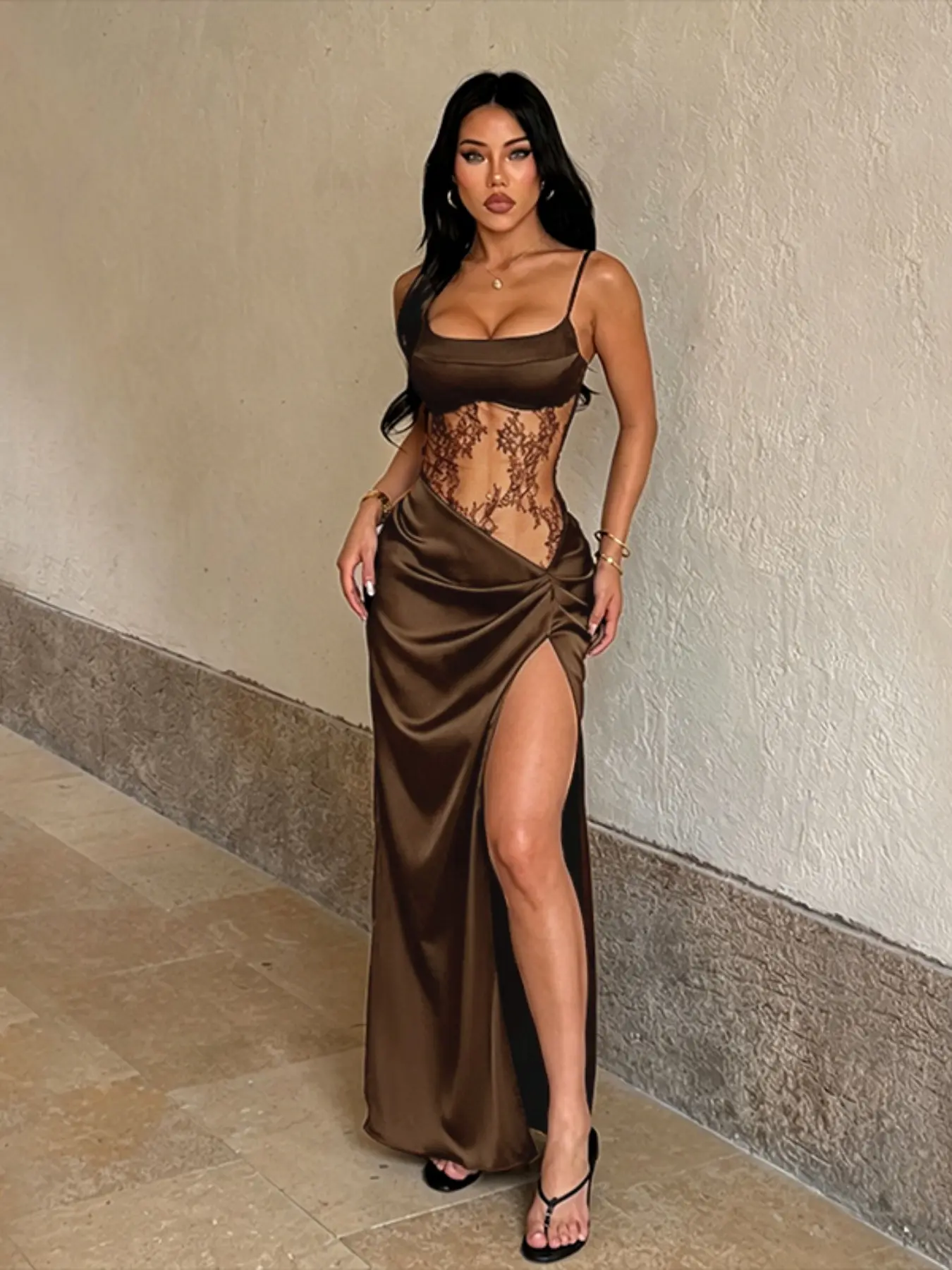 designer dress sexy Lace Panel Cami with High Slit, Backless Design, Feminine Style, Perfect for Parties & Special Occasions, Formal Wear, Women's Elegant Fashion Dress Christmas Outfit Inspo: H&M Brown Shoes For Men yet glamorous look at Color Code:580