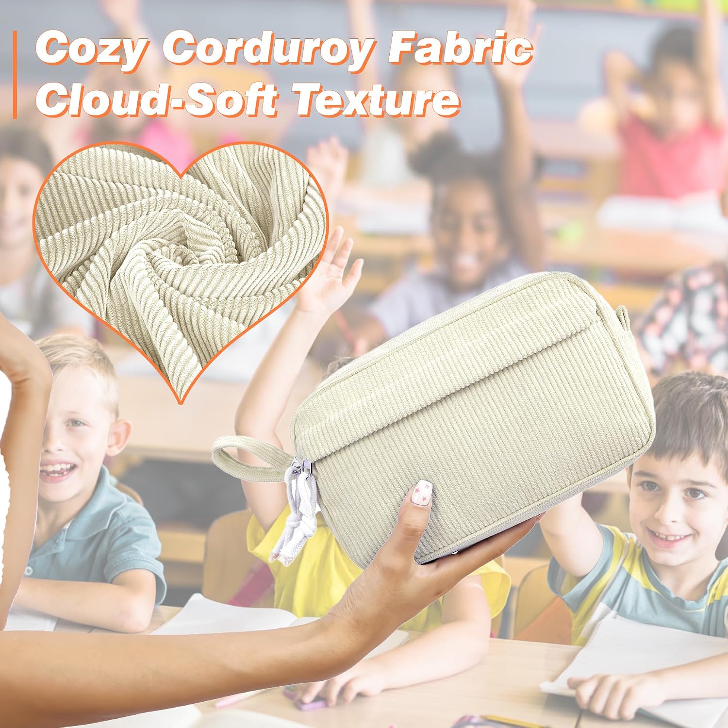 Corduroy Multi-Compartment Pencil Pouch - Big Capacity Storage Pouch, Soft Office Stationery Pencil Case for Teen Students, College Writing Tool Organizer