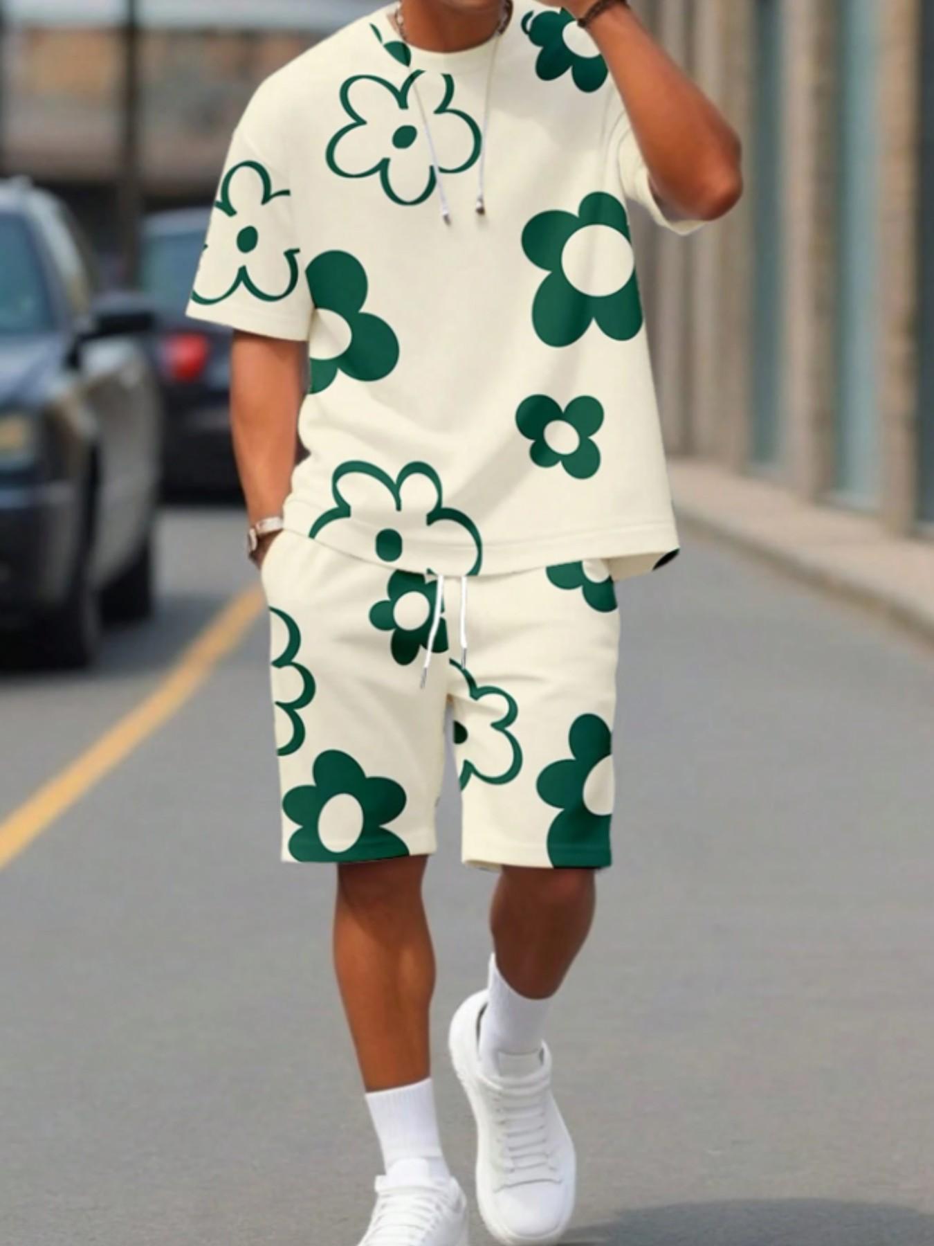 Men's 3D Printed Short Sleeve Top and Shorts Two-Piece Set, Casual Fitted Design, All over Print, Summer Fashion