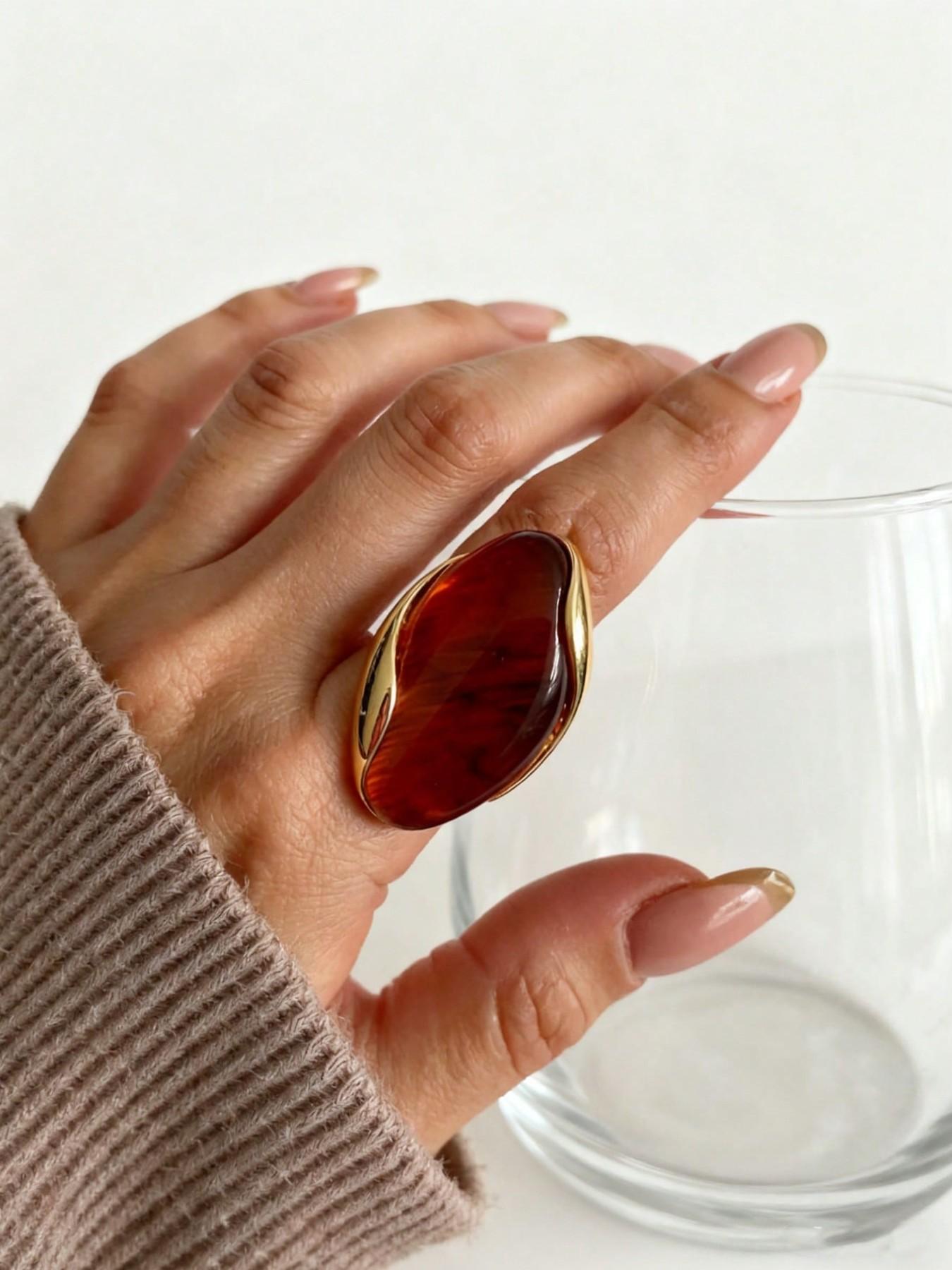 Vintage Marbled Resin Stainless Steel Adjustable Ring, Simple Elegance Women's Daily Versatile Gift, Stylish and Precise Jewelry