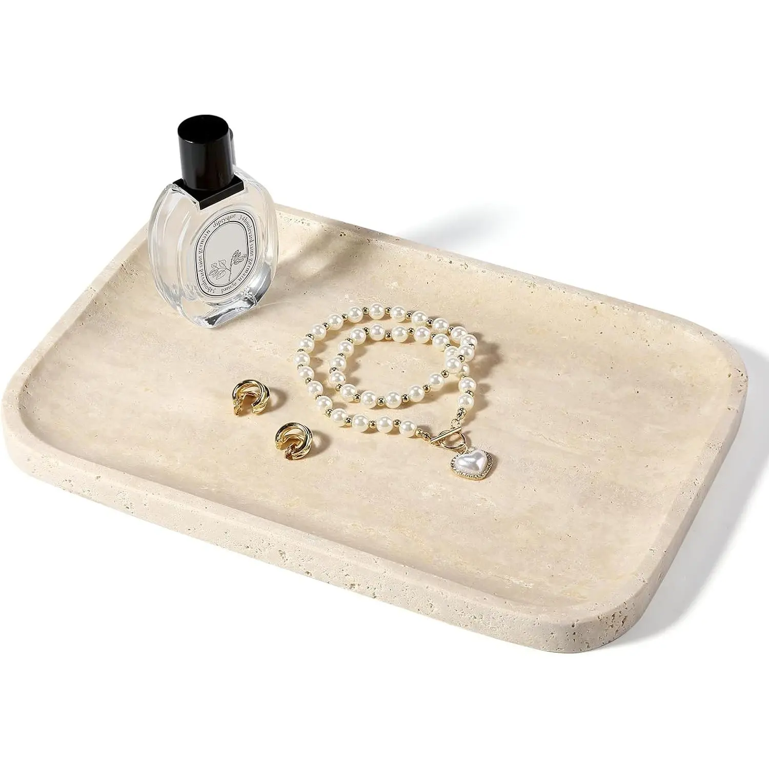 Travertine Tray, 12"x8" Natural Stone Vanity Tray for Countertop Bathroom Kitchen Dresser, Decorative Marble Catchall Trays for Perfume Jewelry, Rectangular Serving Tray(Beige)