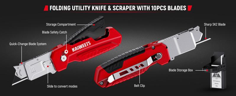 KAIWEETS Utility Knife Scraper,  2-in-1 Folding Box Cutter with Blade Storage,Retractable Design, Heavy Duty Zinc Alloy Body, Folding Knife, SK2 Black Blades replacement, DIY Tool,EDC Tool for Home, Office