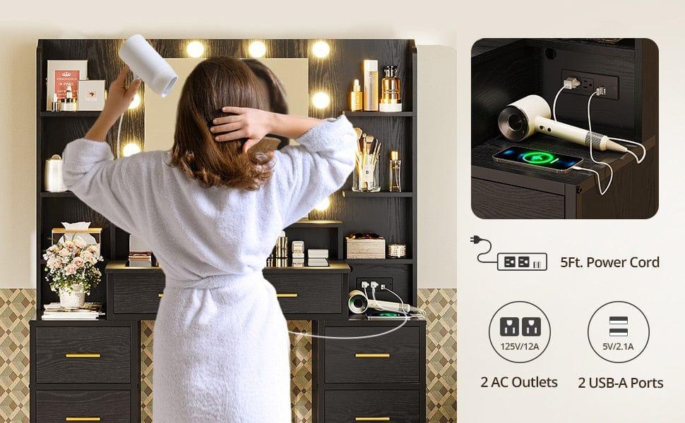 Sikaic Glass Top Makeup Vanity with Mirror and LED Lights, 10x Magnifying Mirror & Power Outlet, big Vanity Desk with 8 Drawers & 6 Shelves, 3 Light Settings