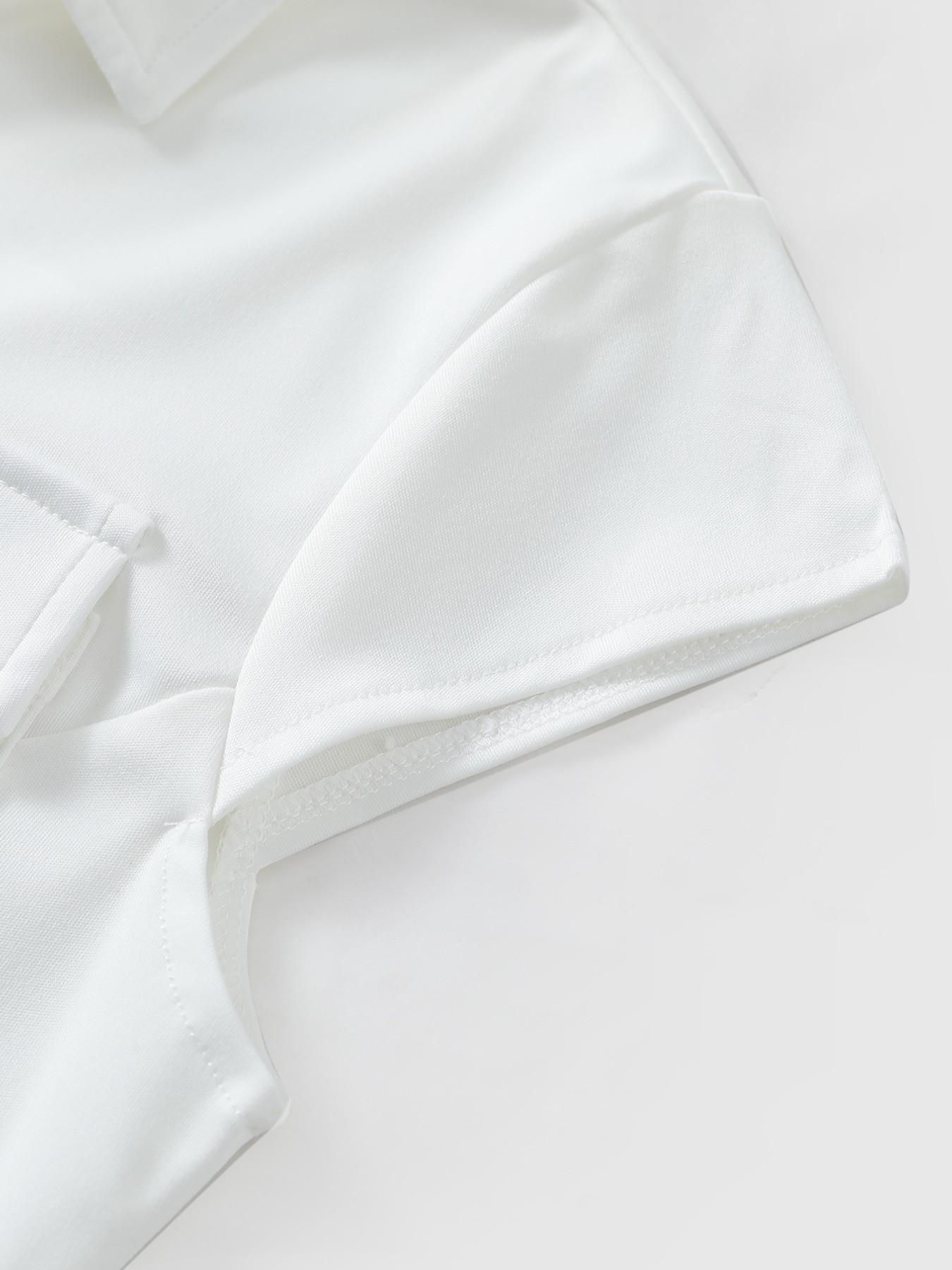 Women's Vintage Fitted Cap Sleeve Button Up Blouse, Solid White Asymmetrical Hem Crop Shirt, Casual Office & Street Outfit