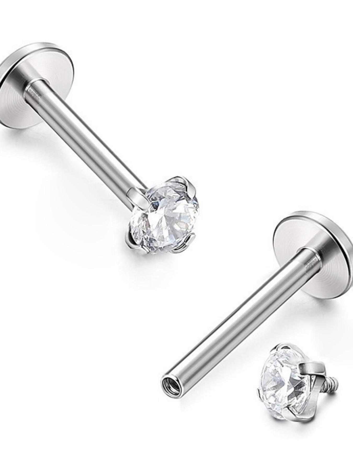 16g G23 Titanium Round Cz Top Internally Threaded Nickle Free Labret Piercing, Silver Color Earring, Flat Back Studs for Body Jewelry