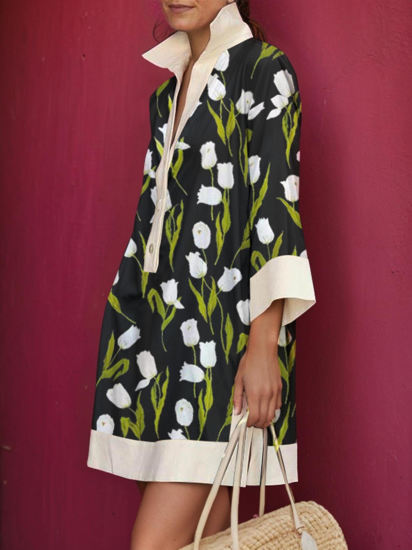 Women's Floral Print    Dress, Elegant   Long Sleeve Dress, Ladies Summer Clothes for Holiday Vacation