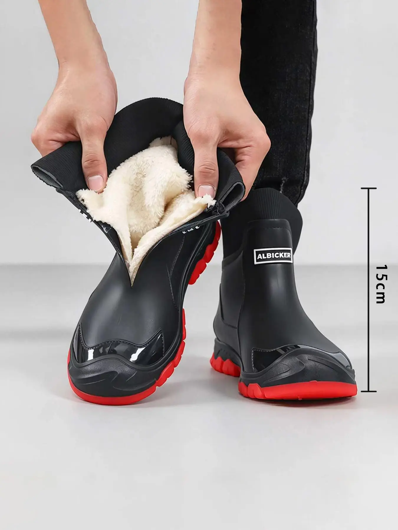 Unisex Winter Short Rain Boots, Deep Lug Anti-Slip Thick Sole Water Shoes; Warm Fleece Lining, Stylish Two-Tone Rain Shoes, Flexible Crack-Resistant Boot, Sizes36-48, For Fashion Outfits, Commute & Yard Work, Footwear