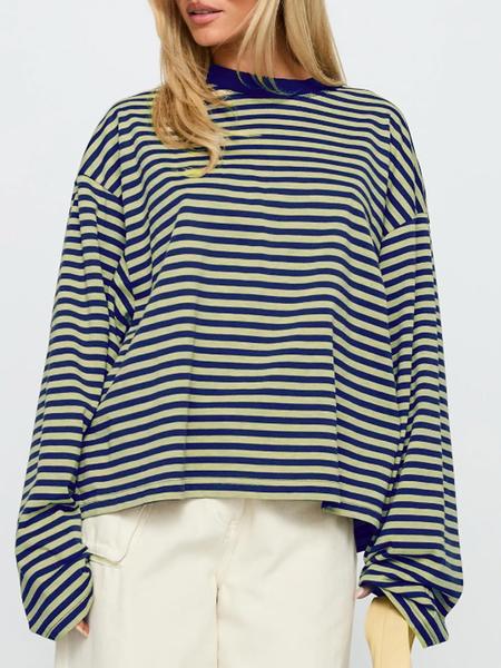 Women's Minimalist Striped Casual Long Sleeve Sweatshirt Top, Loose-Fit Knit Fabric, All-Seasons Wear, Moderate Thickness
