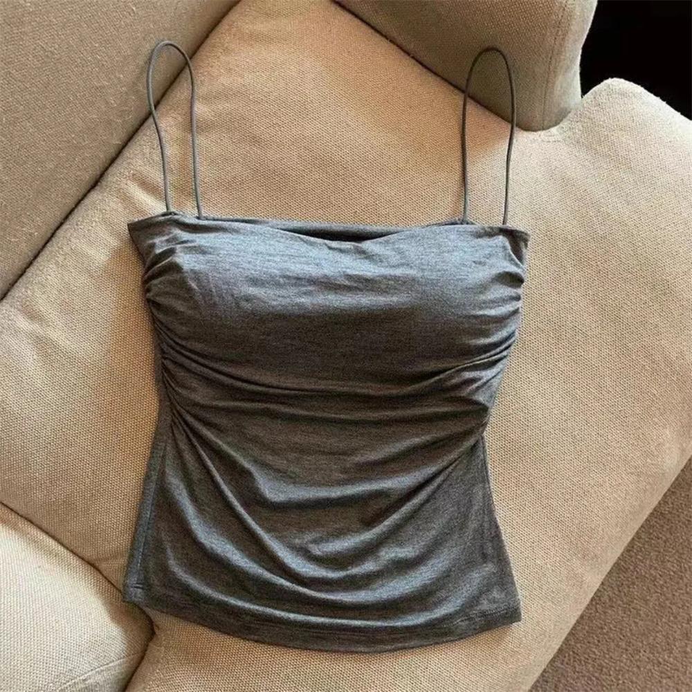 Women's Sexy Corset Crop Top - Thin Strap Ease, Bold Crop Top Look, Short Length, Pleated Detail, Solid Color, Built-In Bra, Soft Support, Sleeveless, Body-Hugging Sun Protective Sports & Outdoor Vest